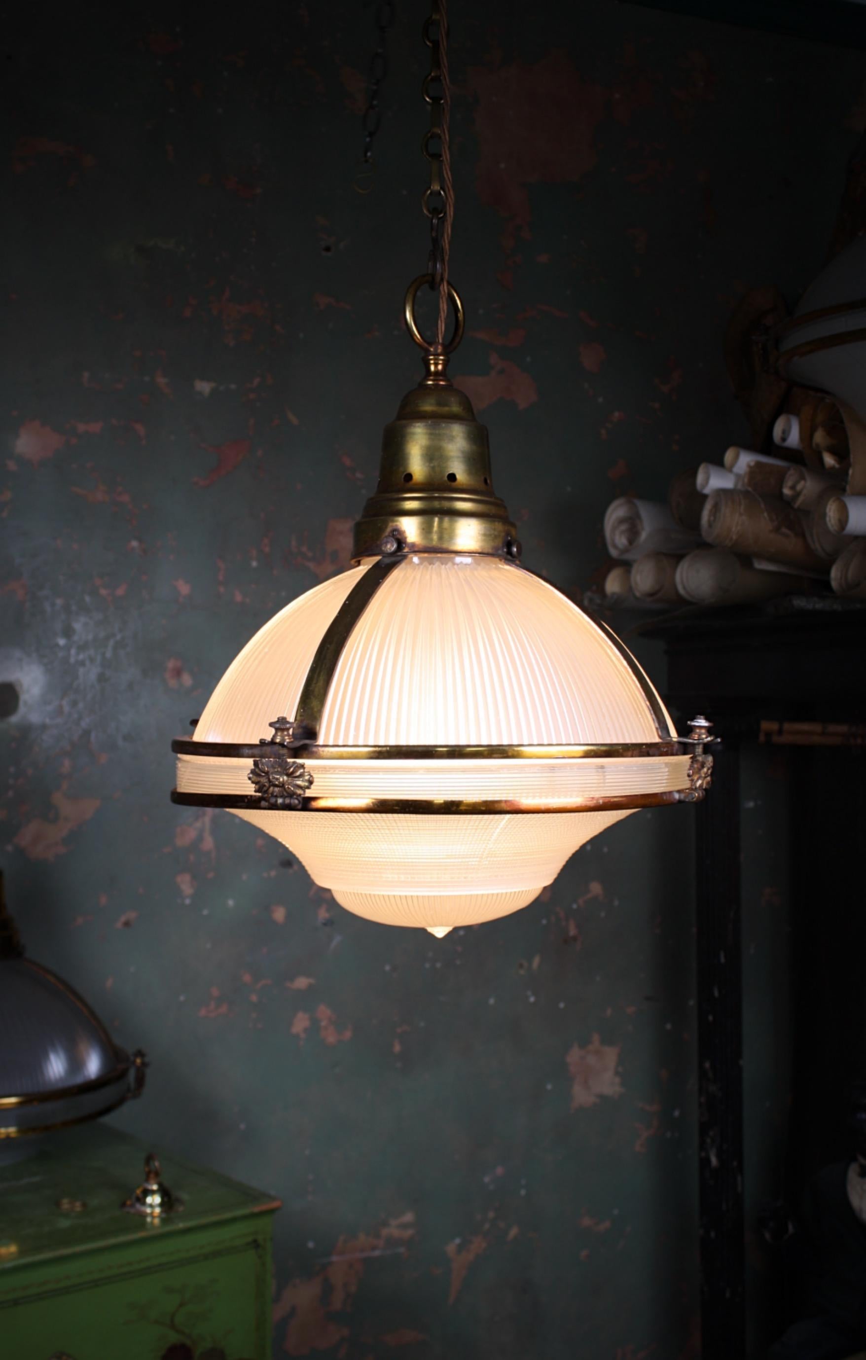 Six Extra Large Holophane Prismatic Glass and Copper Gilt Caged Pendants Lights 3