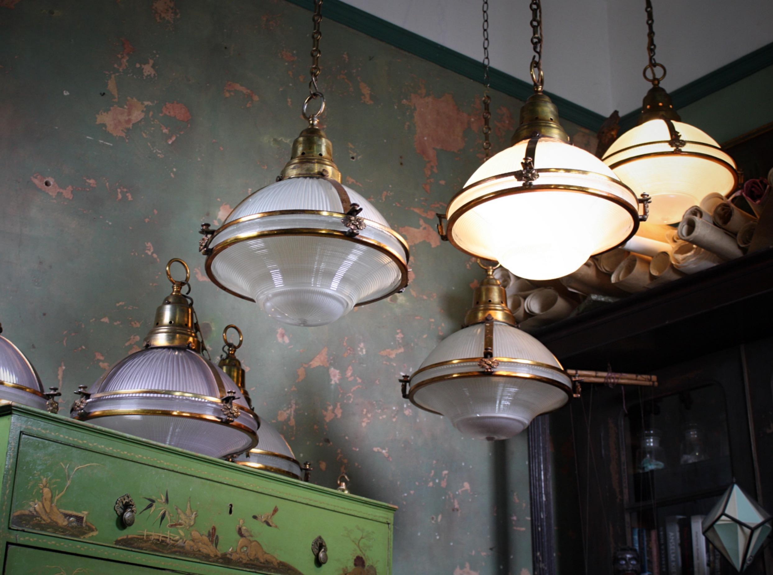 Six Extra Large Holophane Prismatic Glass and Copper Gilt Caged Pendants Lights In Good Condition In Lowestoft, GB