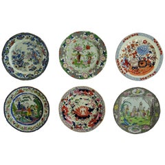 Six Early Mason's Ironstone Dinner Plates, Harlequin Set, Some Rare, circa 1815