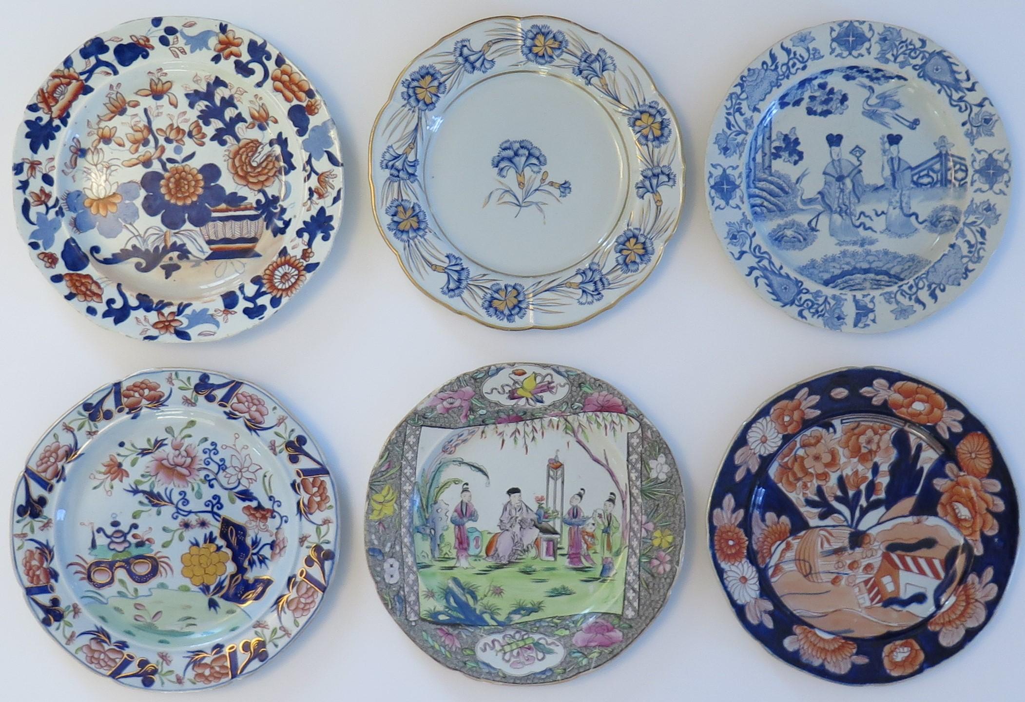 This is a harlequin set of six Mason's ironstone dinner plates, all dating to the earliest period between 1813 and 1820. 

All the plates are the same nominal size and shape, but have different patterns, some being rare; 

Top row left: Japan