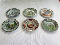 Six Early Mason's Ironstone Dinner Plates, Harlequin Set, Some Rare, circa 1815