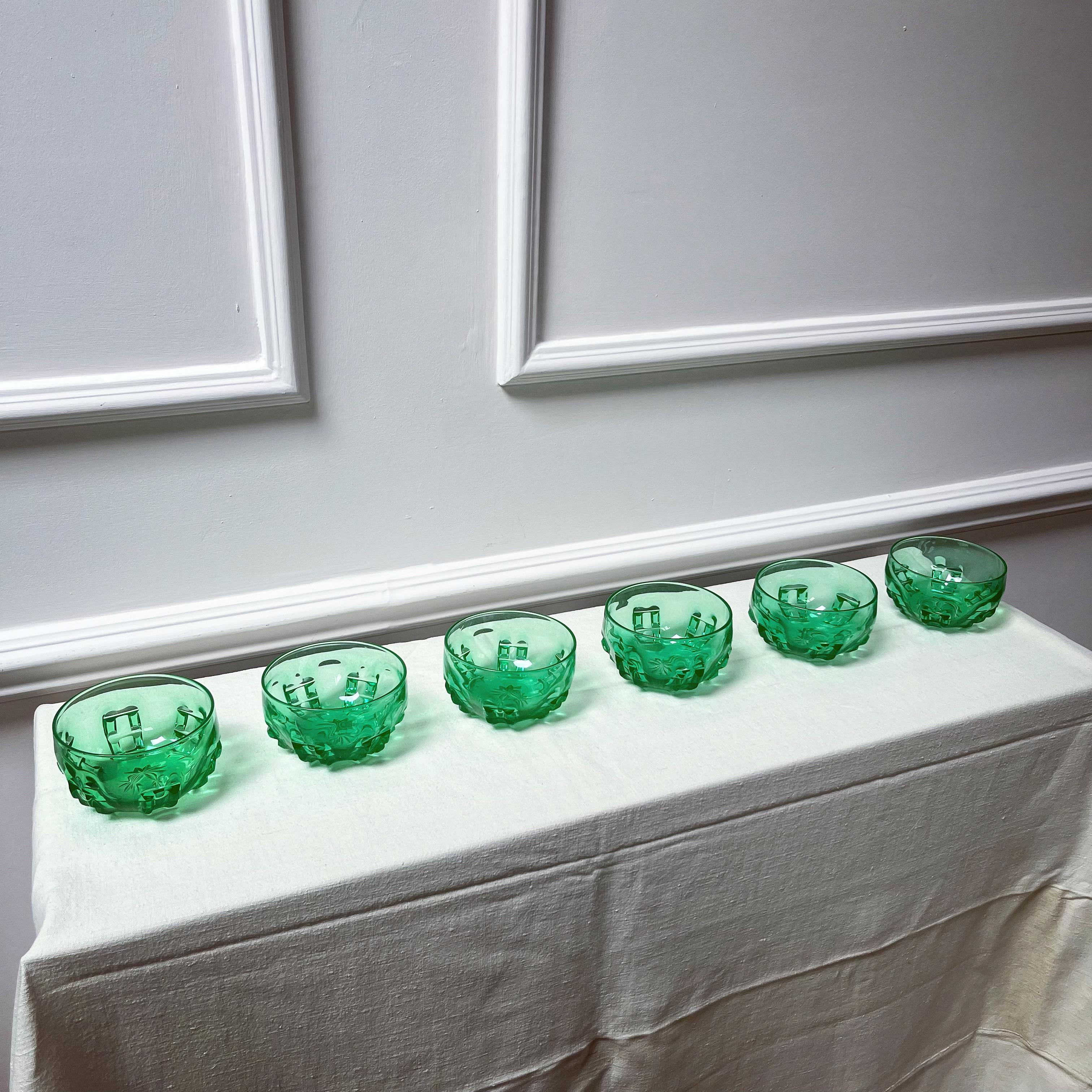 Blown Glass Six Early Twentieth Century Uranium Glass Bowls  For Sale