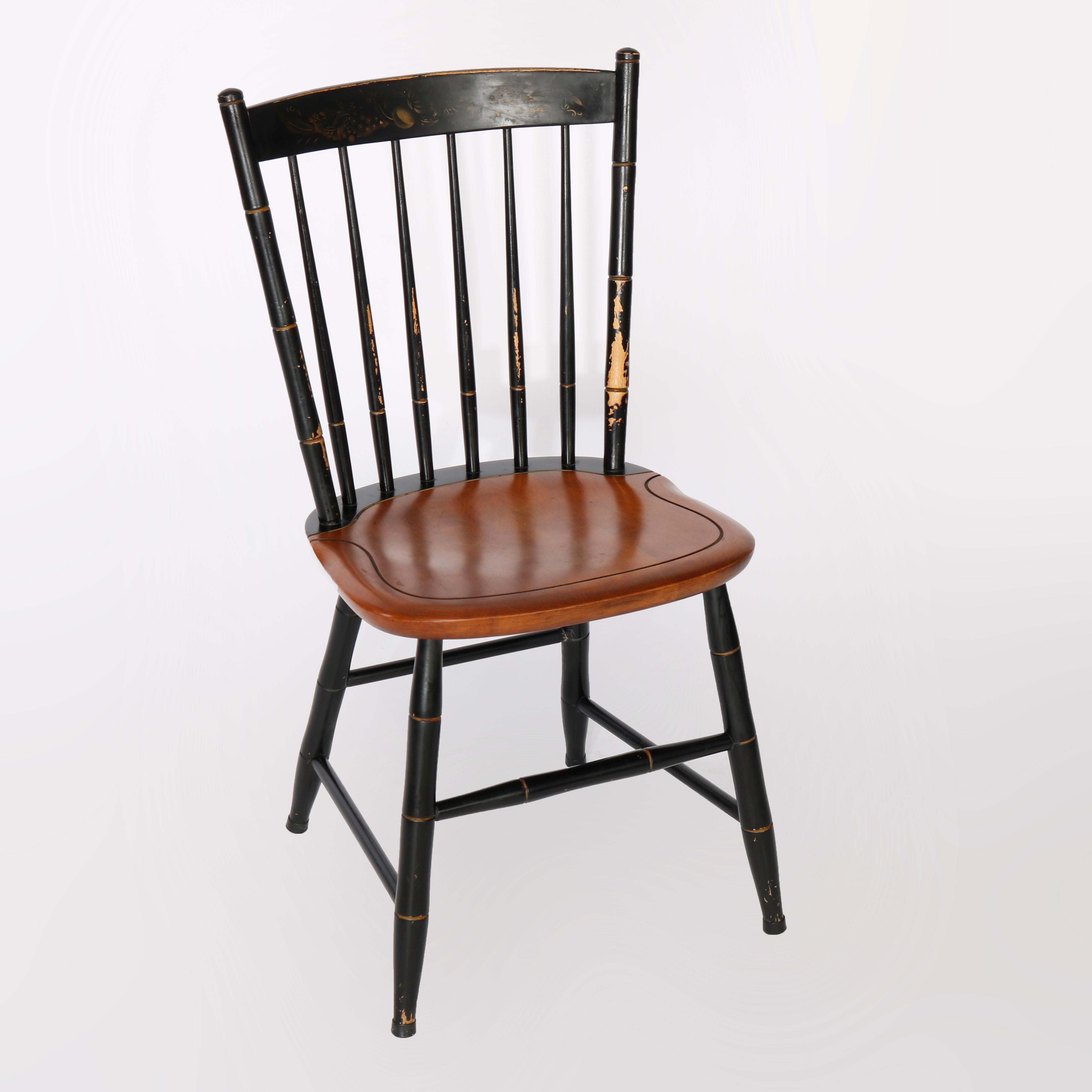 American Six Ebonized & Stenciled Windsor Style Plank Bottom Chairs 20th C
