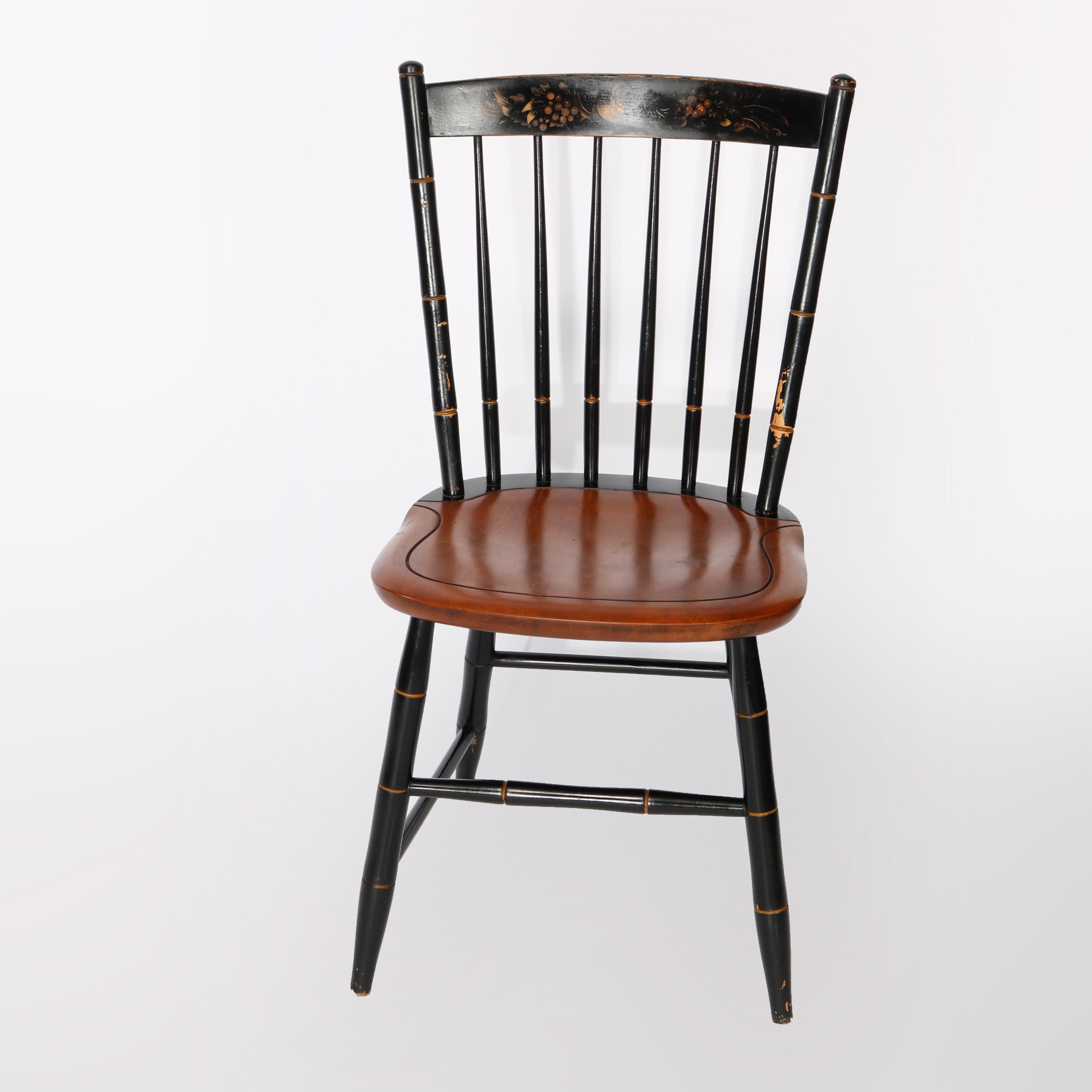 Six Ebonized & Stenciled Windsor Style Plank Bottom Chairs 20th C In Good Condition In Big Flats, NY
