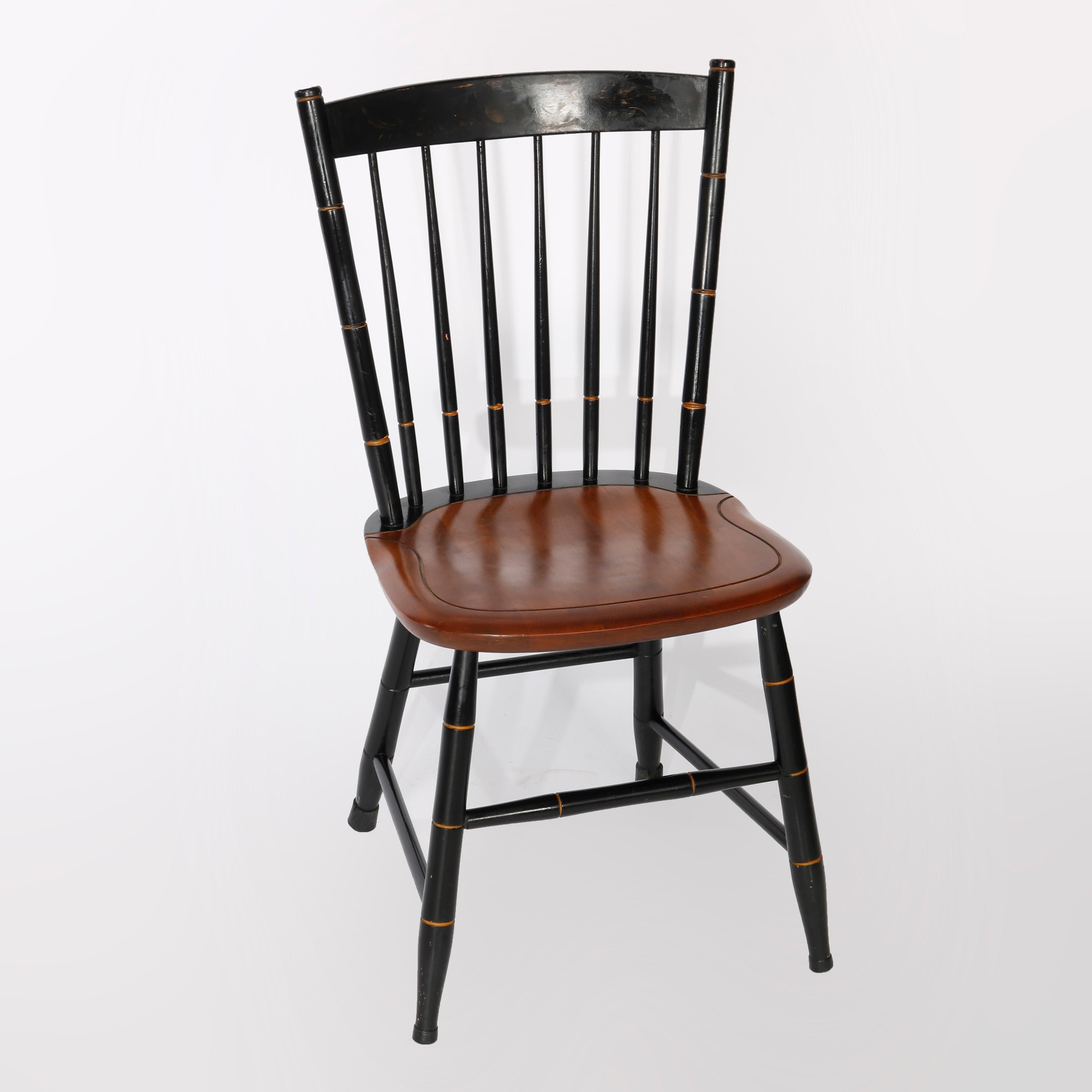 Wood Six Ebonized & Stenciled Windsor Style Plank Bottom Chairs 20th C