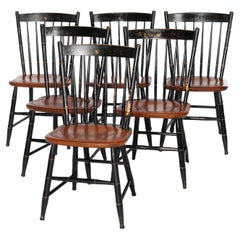 Six Ebonized & Stenciled Windsor Style Plank Bottom Chairs 20th C