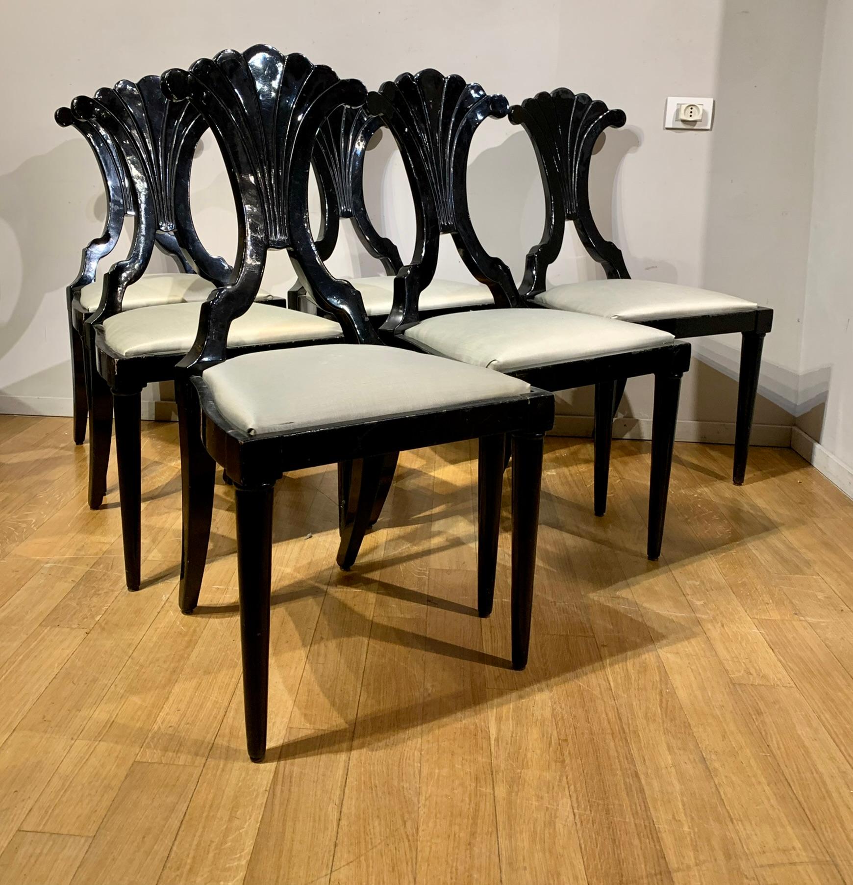 Italian Six Ebonized Wood Biedermeier Chairs