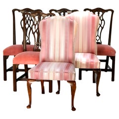 Six English Chippendale Style Mahogany Dining Chairs Incl Ribbon Back C1940