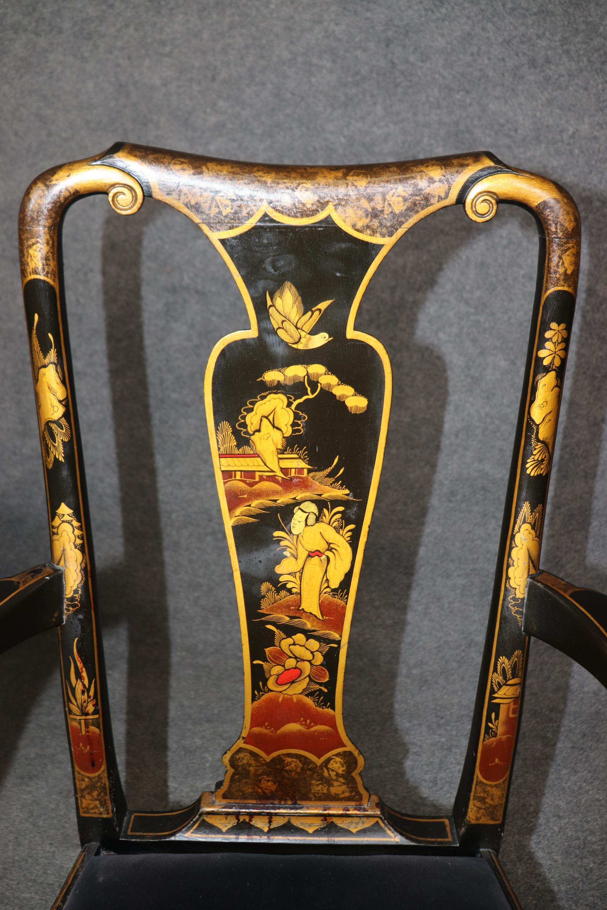 Six English Queen Anne Style Ebonized Chinoiserie Paint Decorated Dining Chairs 7