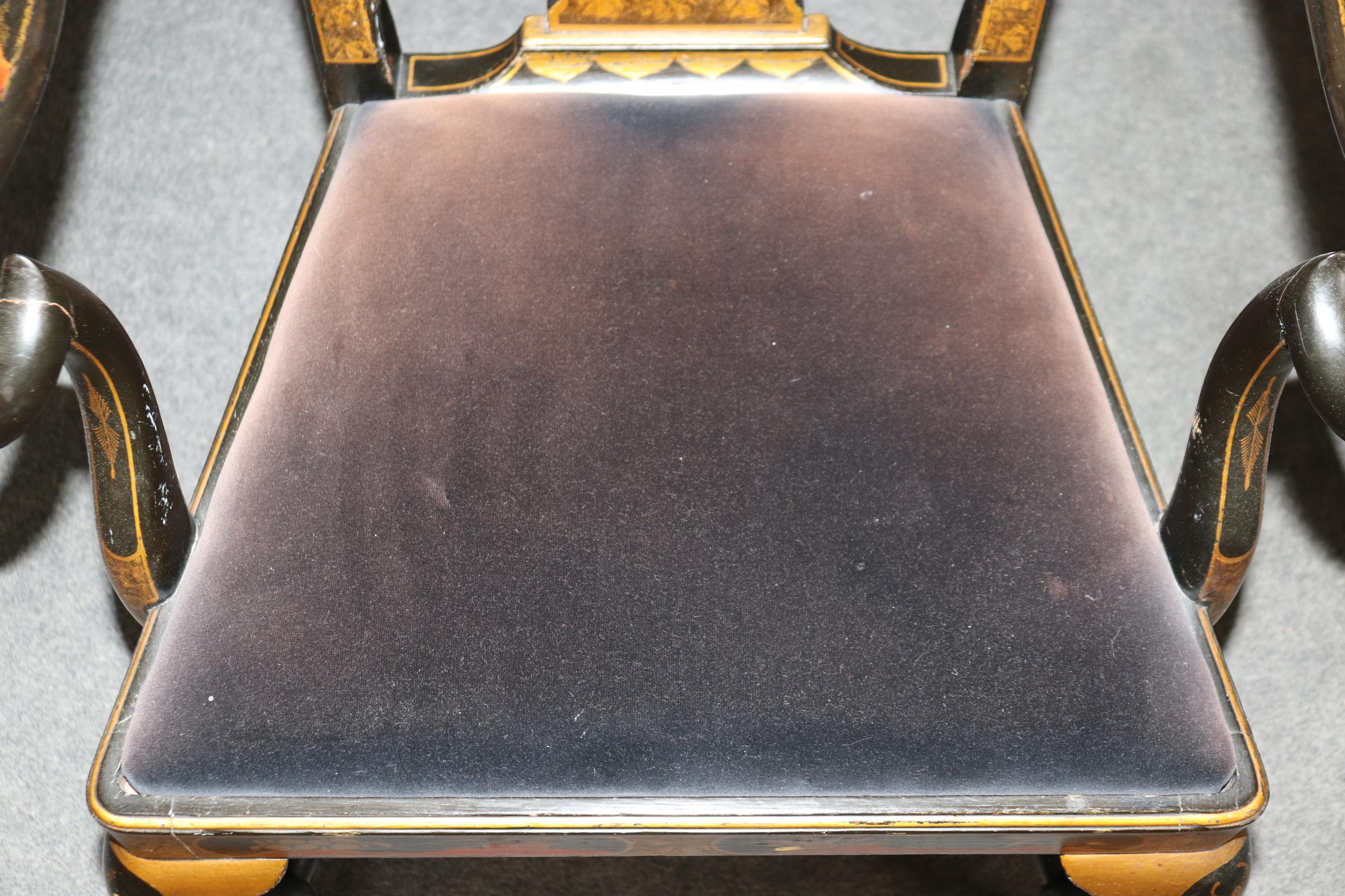 Six English Queen Anne Style Ebonized Chinoiserie Paint Decorated Dining Chairs 10