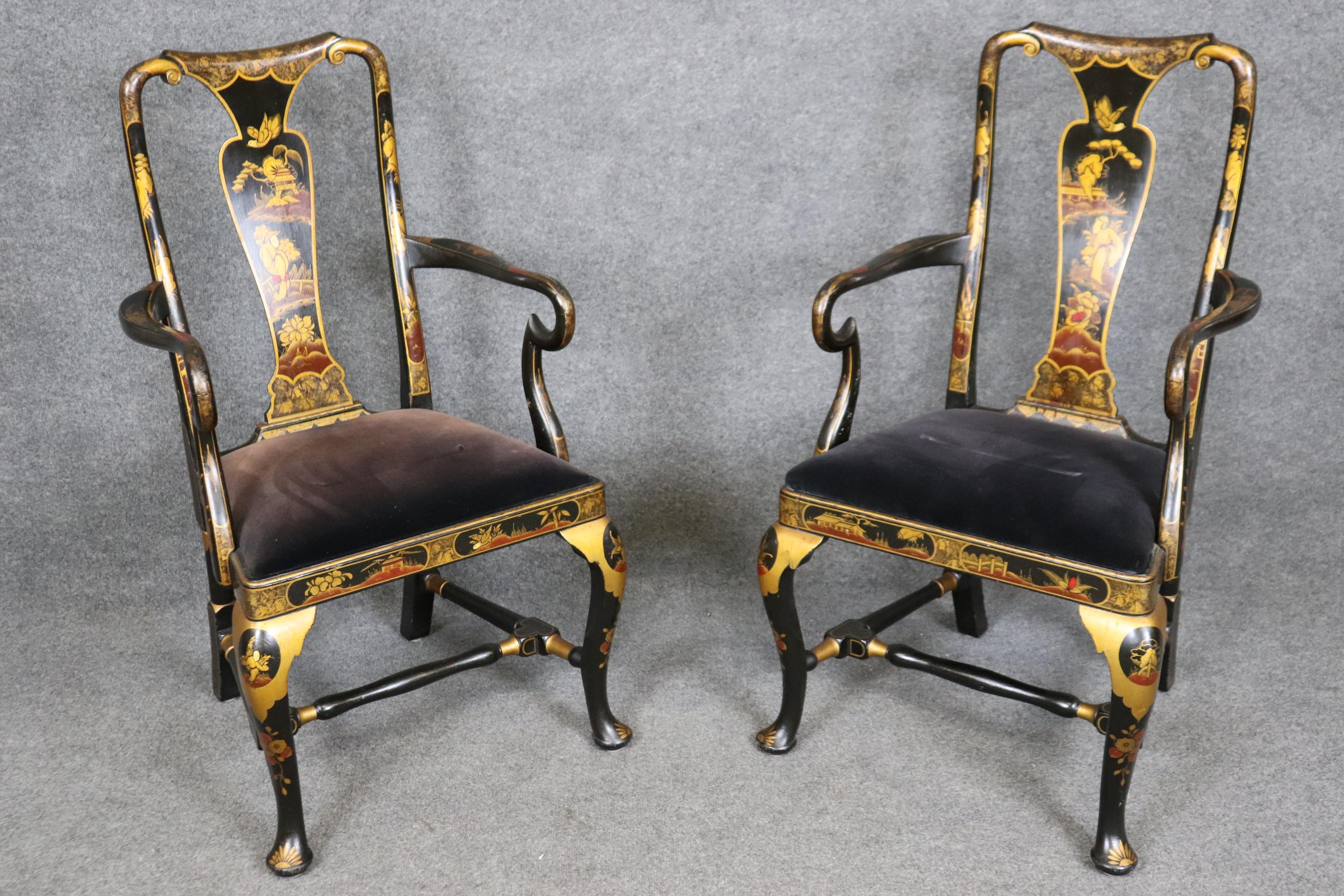 Dimensions:  H: 41 1/4 in  W: 23 in  D: 21 in  Seat height 20 in

This set of 6 antique English ebonized Chinoiserie style paint decorated dining chairs are made of the highest quality and are really beautiful! There are 4 side chairs and 2 arm