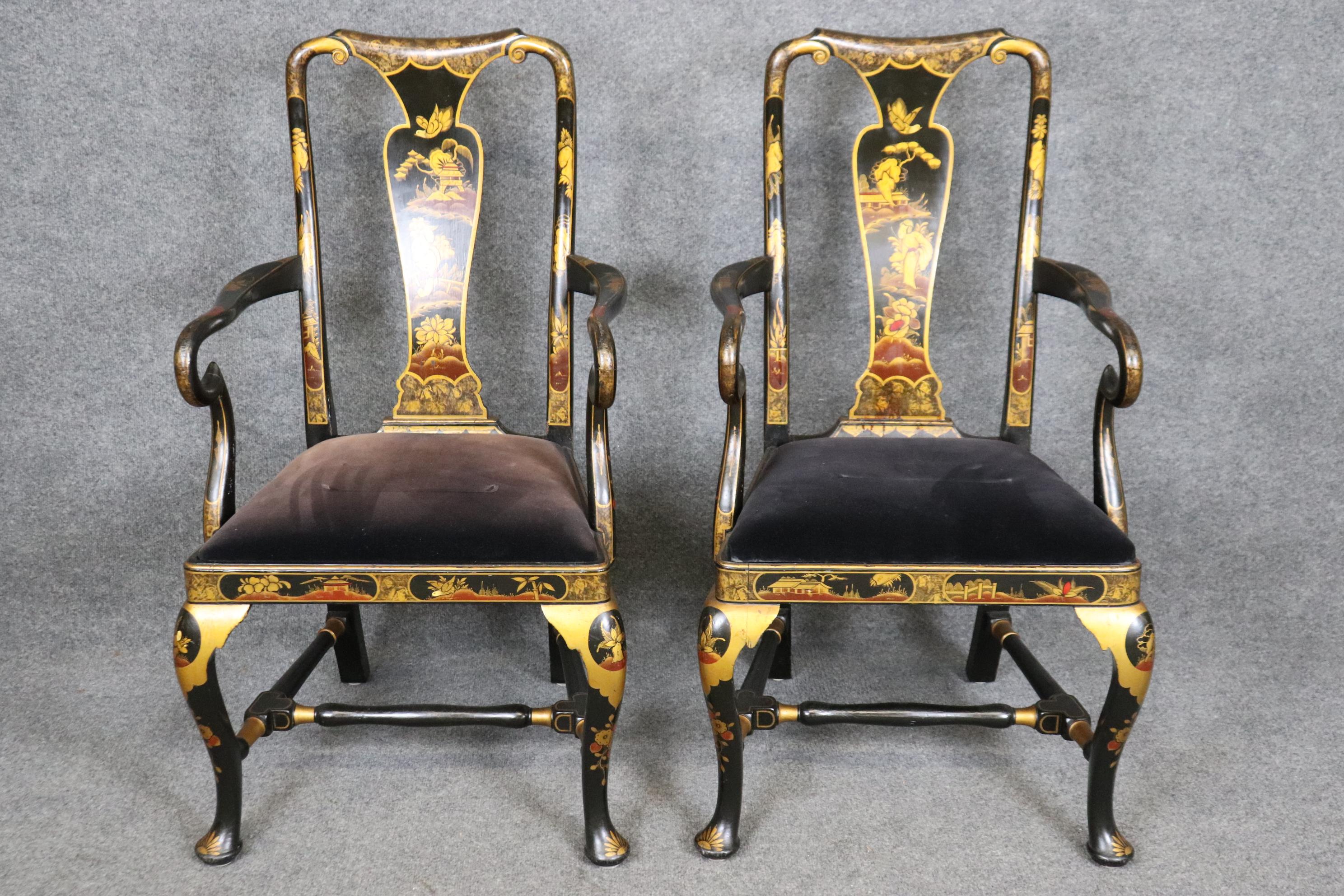Carved Six English Queen Anne Style Ebonized Chinoiserie Paint Decorated Dining Chairs