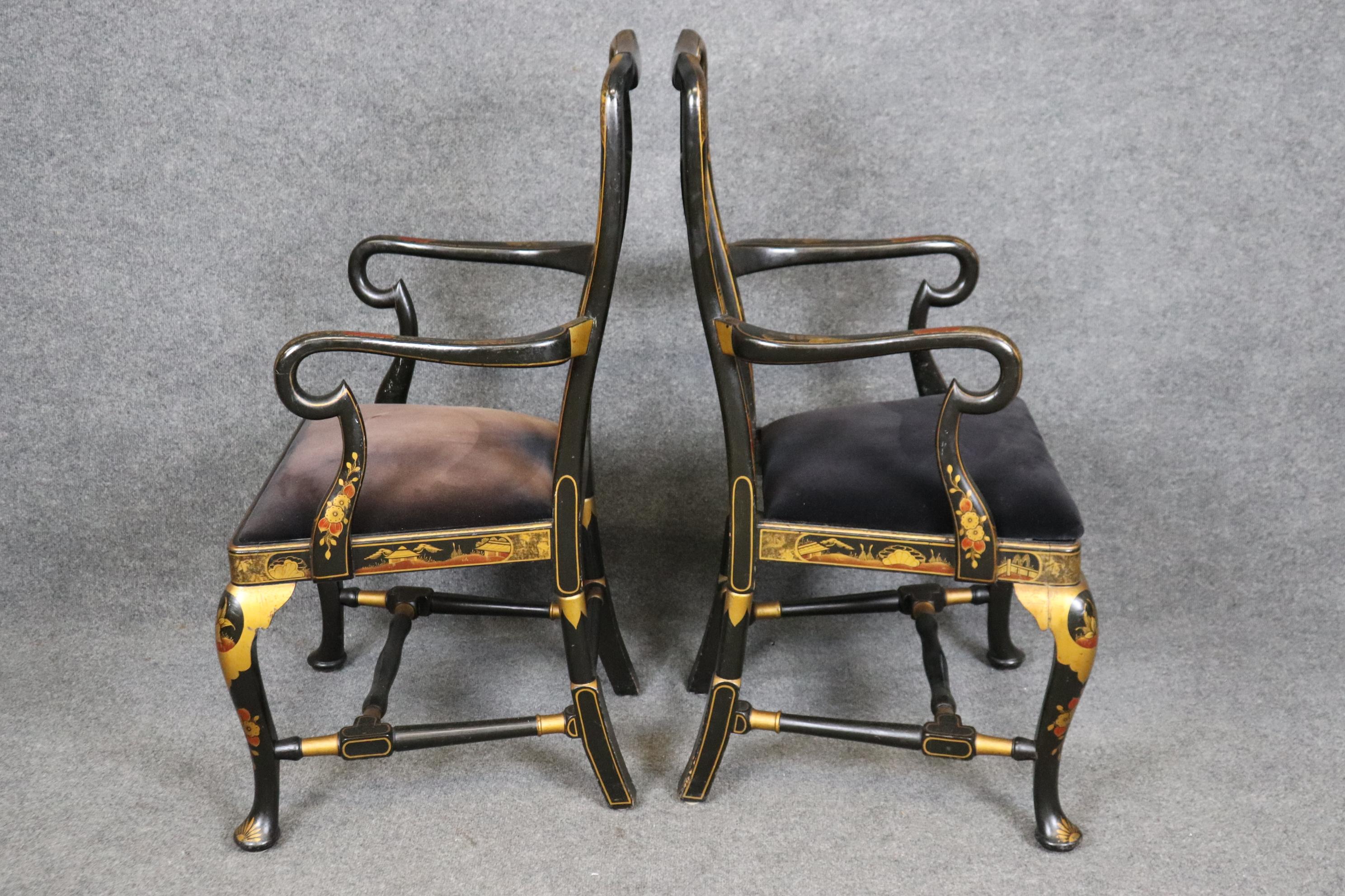 Six English Queen Anne Style Ebonized Chinoiserie Paint Decorated Dining Chairs In Good Condition In Swedesboro, NJ