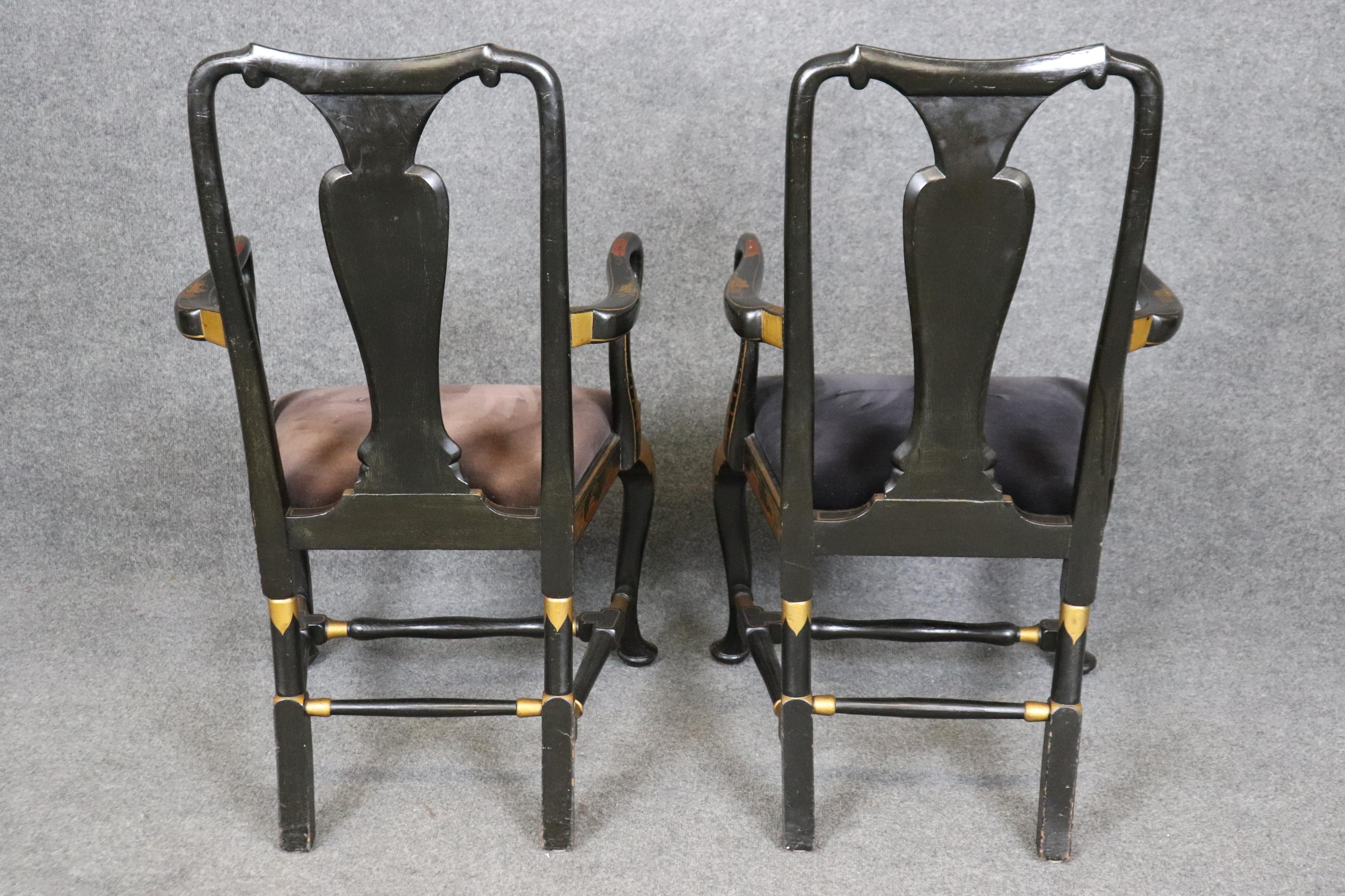 20th Century Six English Queen Anne Style Ebonized Chinoiserie Paint Decorated Dining Chairs