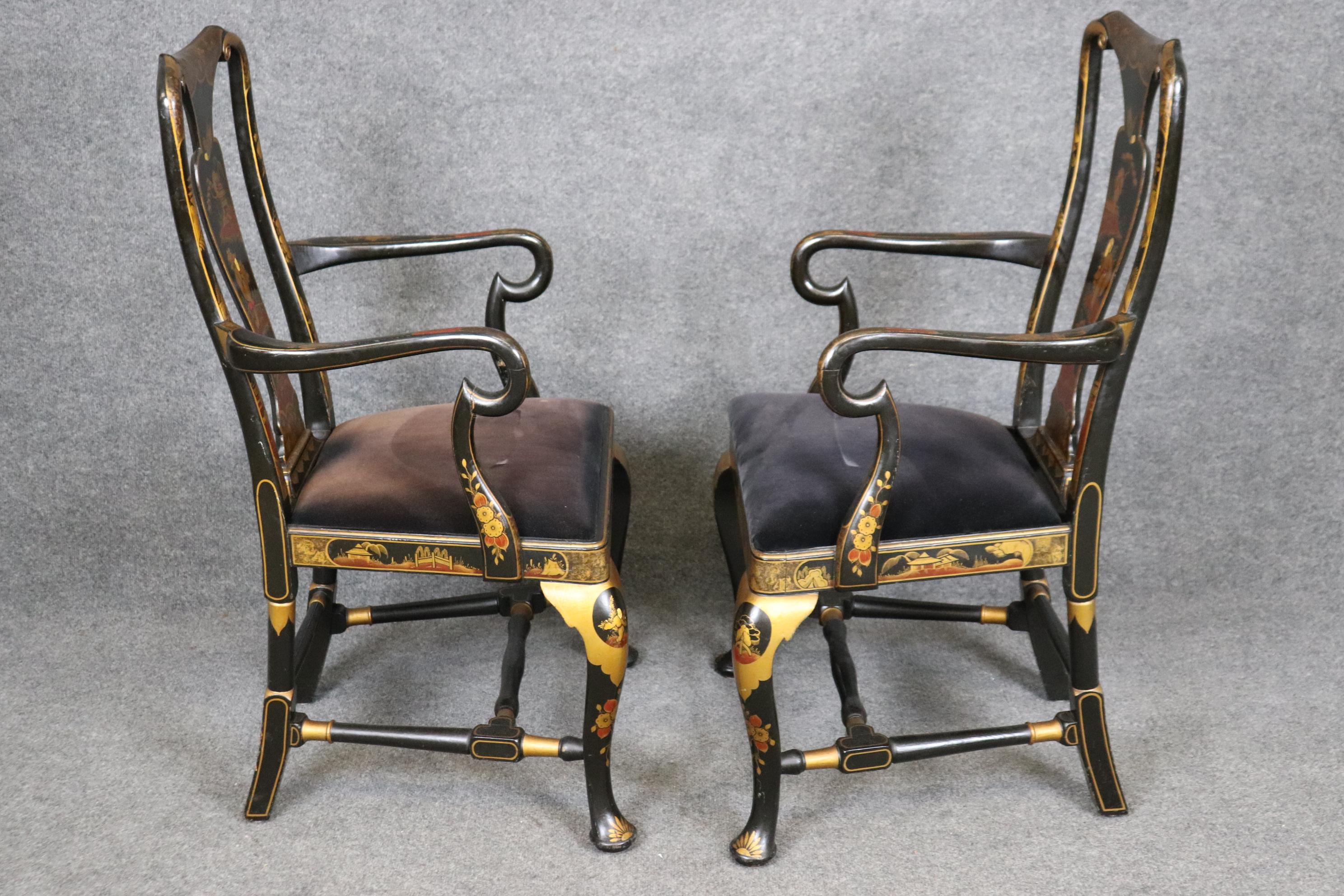 Upholstery Six English Queen Anne Style Ebonized Chinoiserie Paint Decorated Dining Chairs
