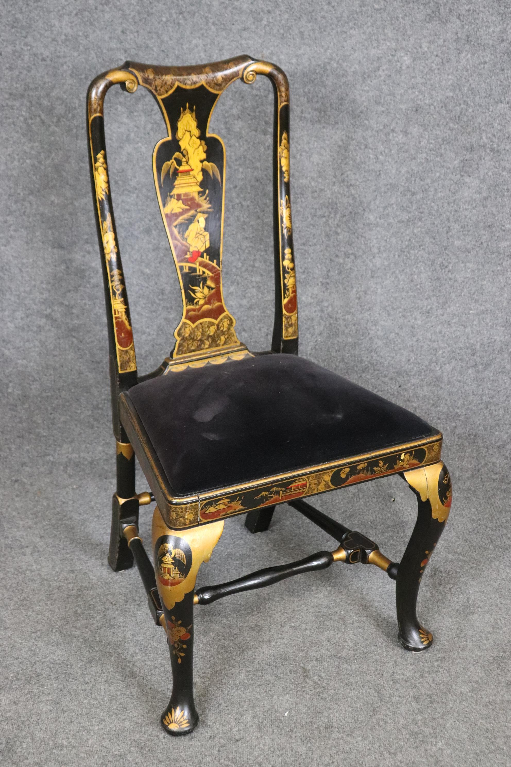 Six English Queen Anne Style Ebonized Chinoiserie Paint Decorated Dining Chairs 2
