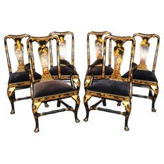 Six English Queen Anne Style Ebonized Chinoiserie Paint Decorated Dining Chairs