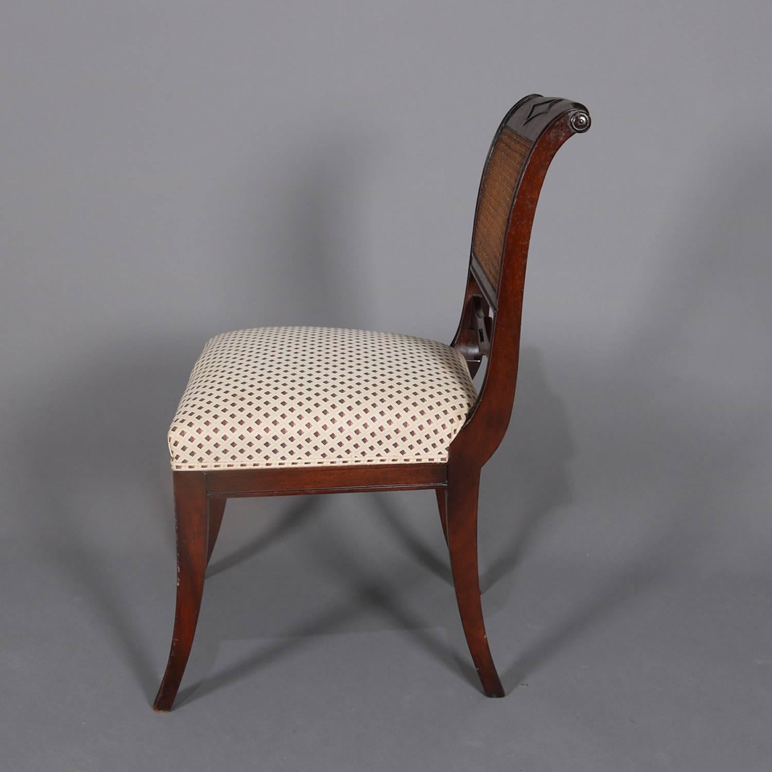 19th Century Six English Regency Flame Mahogany Cane Back Upholstered Dining Chairs