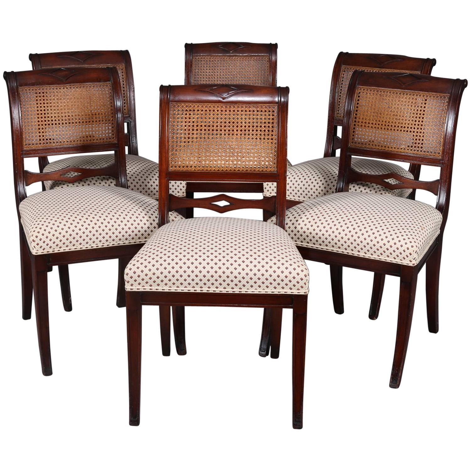 Six English Regency Flame Mahogany Cane Back Upholstered Dining Chairs