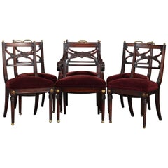 Six English Regency Mahogany and Brass Upholstered Dining Room Chairs