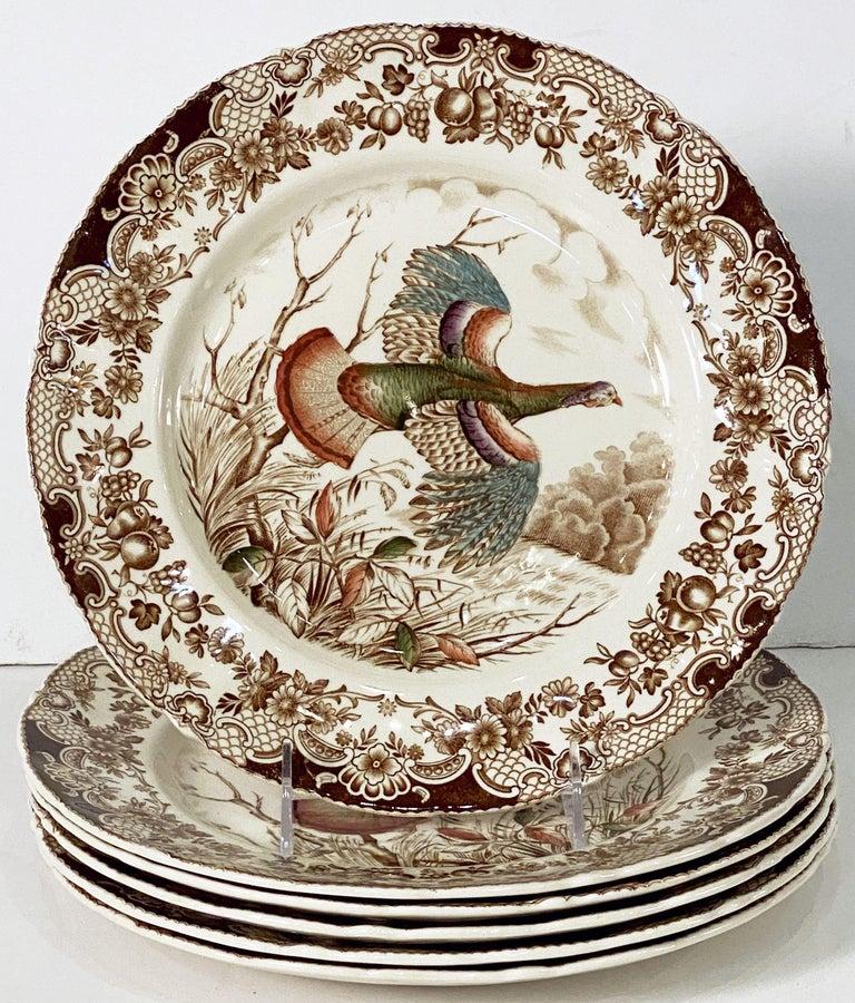 Glazed Six English Transfer-Ware Turkey Plates, Wild Turkey Flying by Johnson Brothers For Sale
