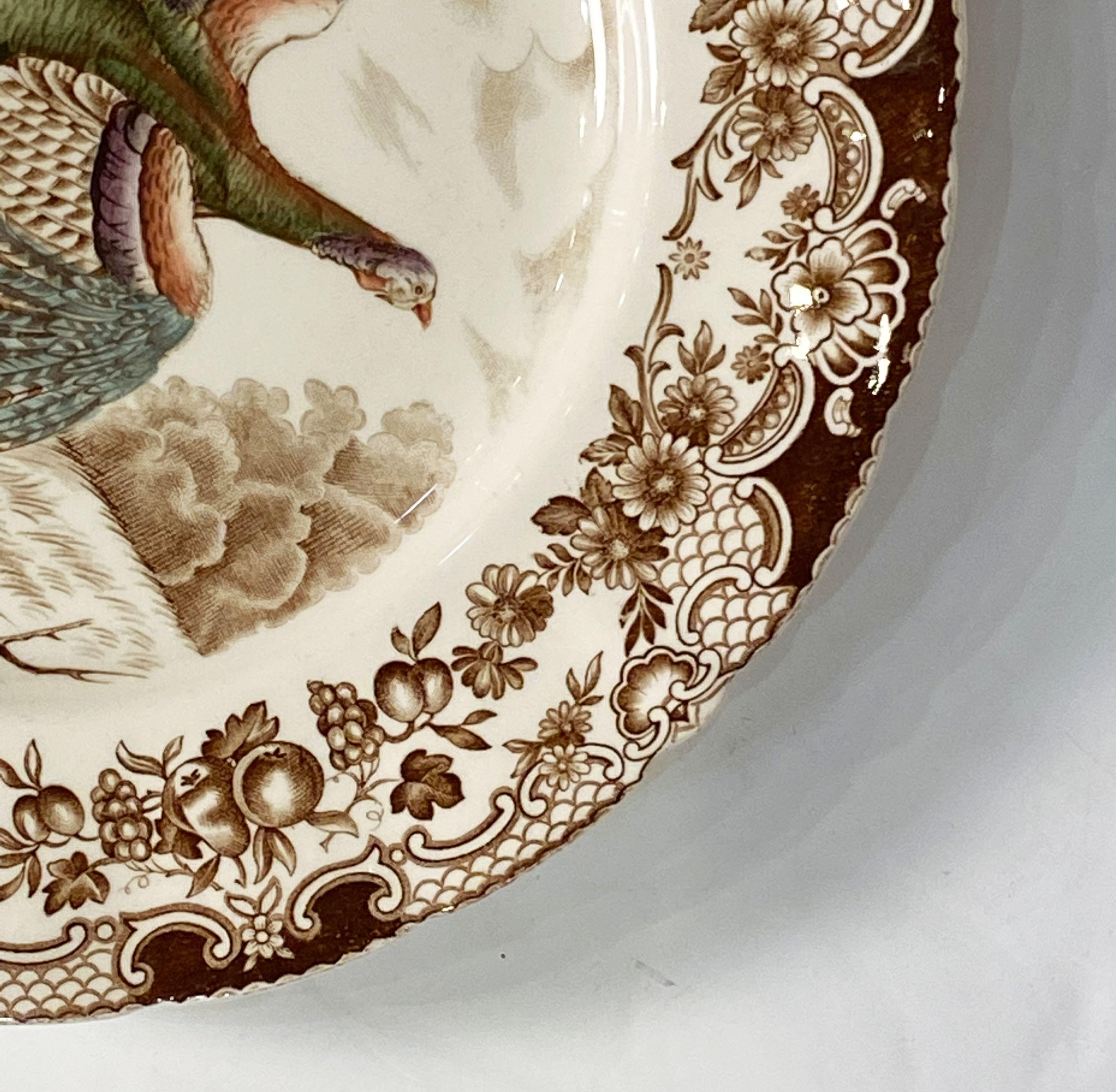 Six English Transfer-Ware Turkey Plates, Wild Turkey Flying by Johnson Brothers In Good Condition In Austin, TX