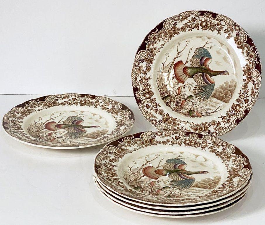 Six English Transfer-Ware Turkey Plates, Wild Turkey Flying by Johnson Brothers In Good Condition For Sale In Austin, TX