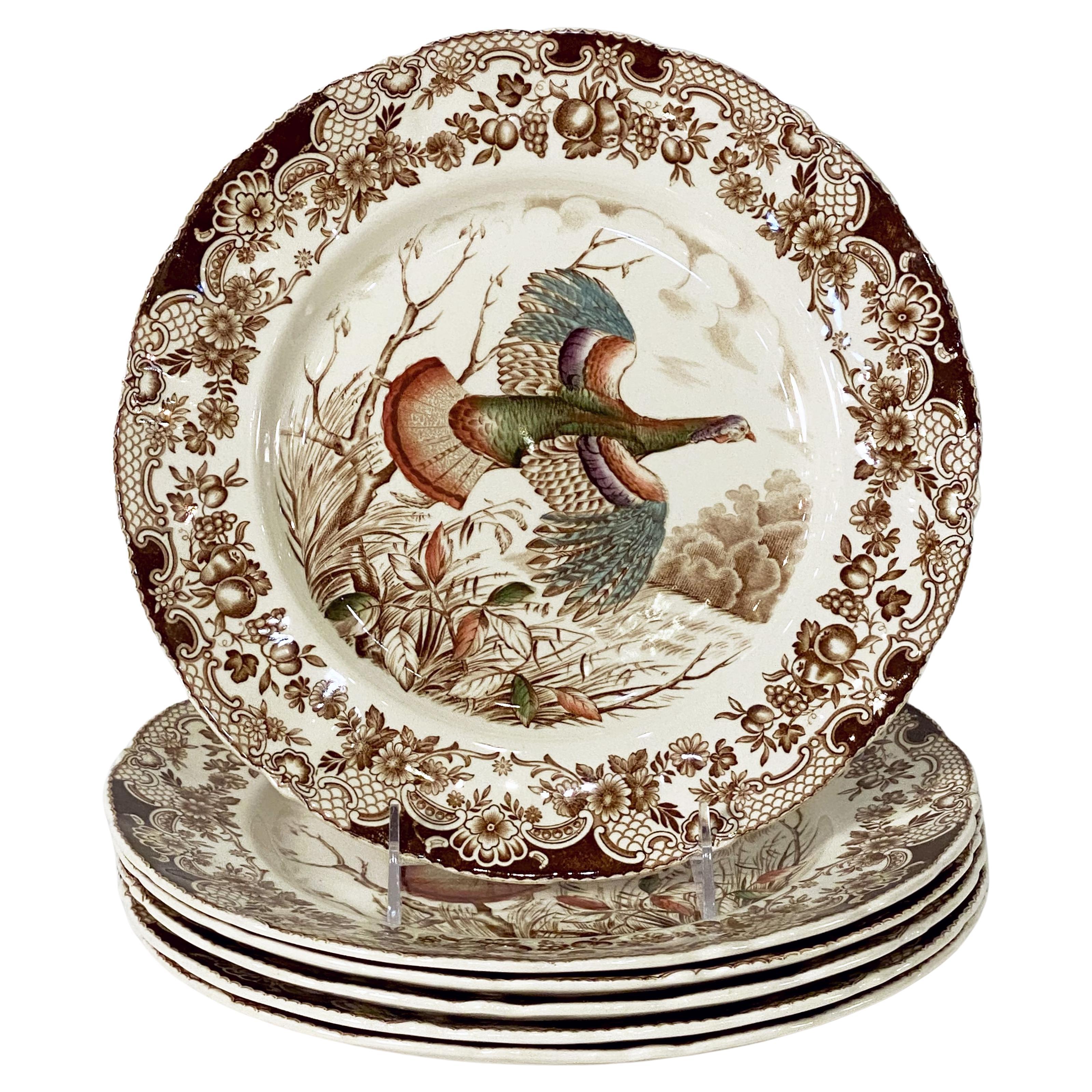 Six English Transfer-Ware Turkey Plates, Wild Turkey Flying by Johnson Brothers