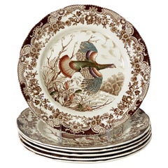 Vintage Six English Transfer-Ware Turkey Plates, Wild Turkey Flying by Johnson Brothers