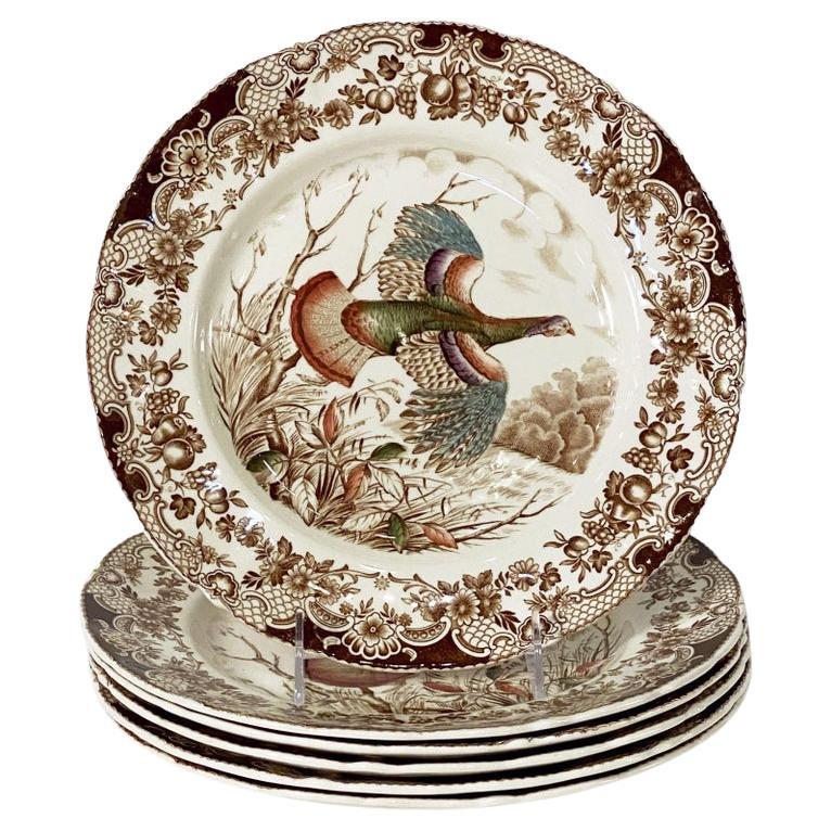 Six English Transfer-Ware Turkey Plates, Wild Turkey Flying by Johnson Brothers For Sale