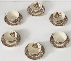 Six English Turkey Cups and Saucers, Wild Turkey Flying by Johnson Brothers