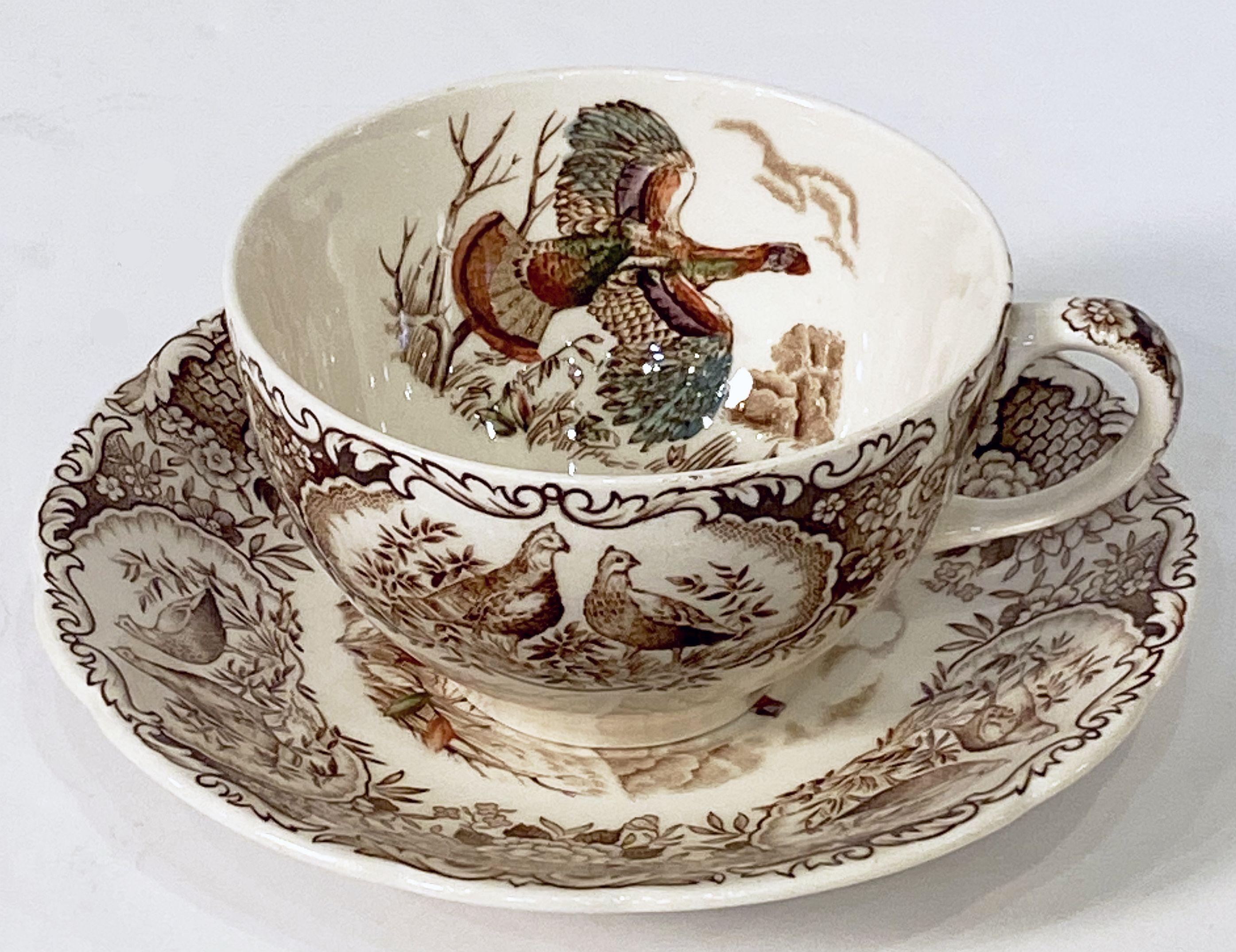 Glazed Six English Turkey Cups and Saucers, Wild Turkey Flying by Johnson Brothers For Sale