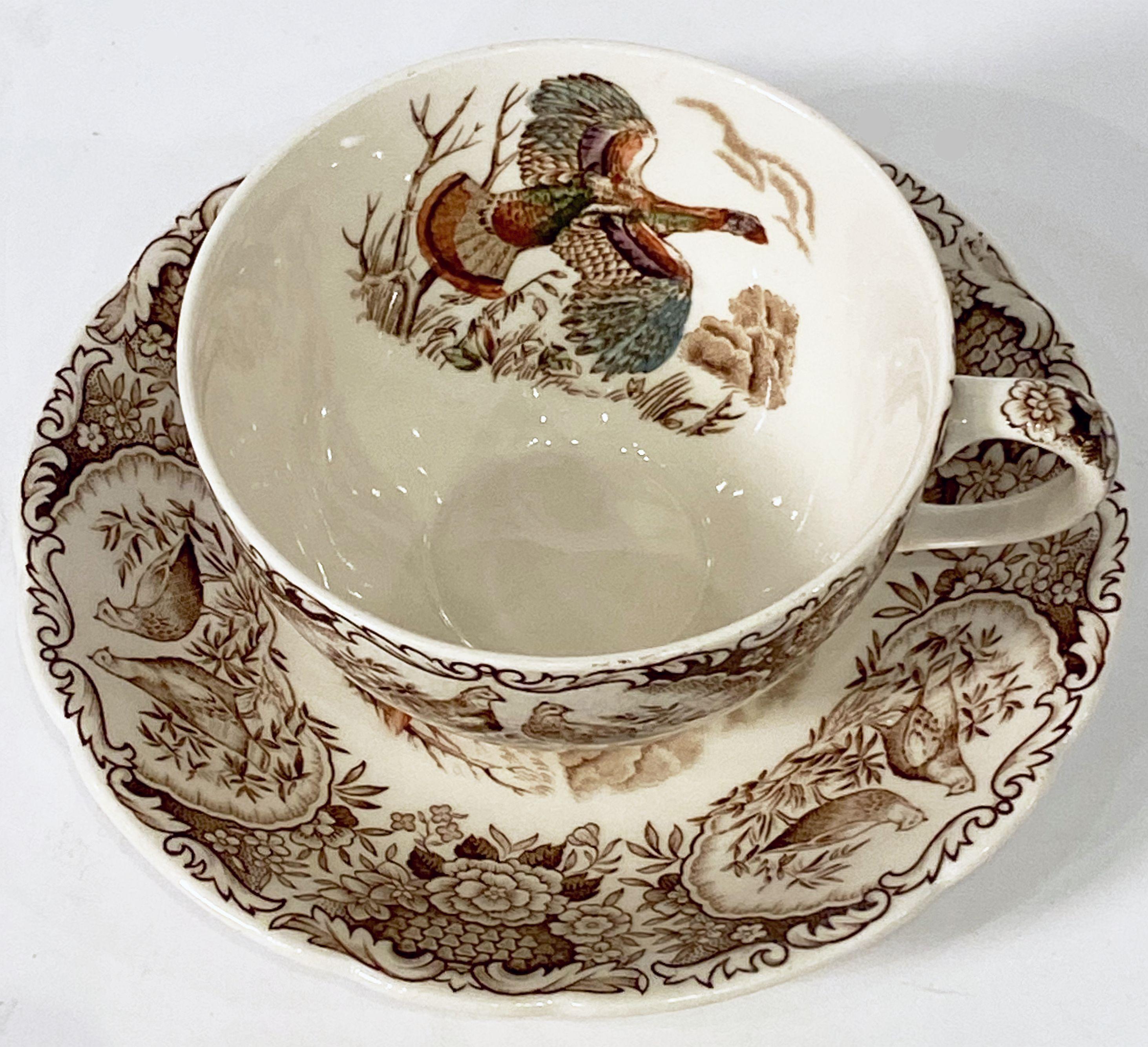 Six English Turkey Cups and Saucers, Wild Turkey Flying by Johnson Brothers In Good Condition For Sale In Austin, TX