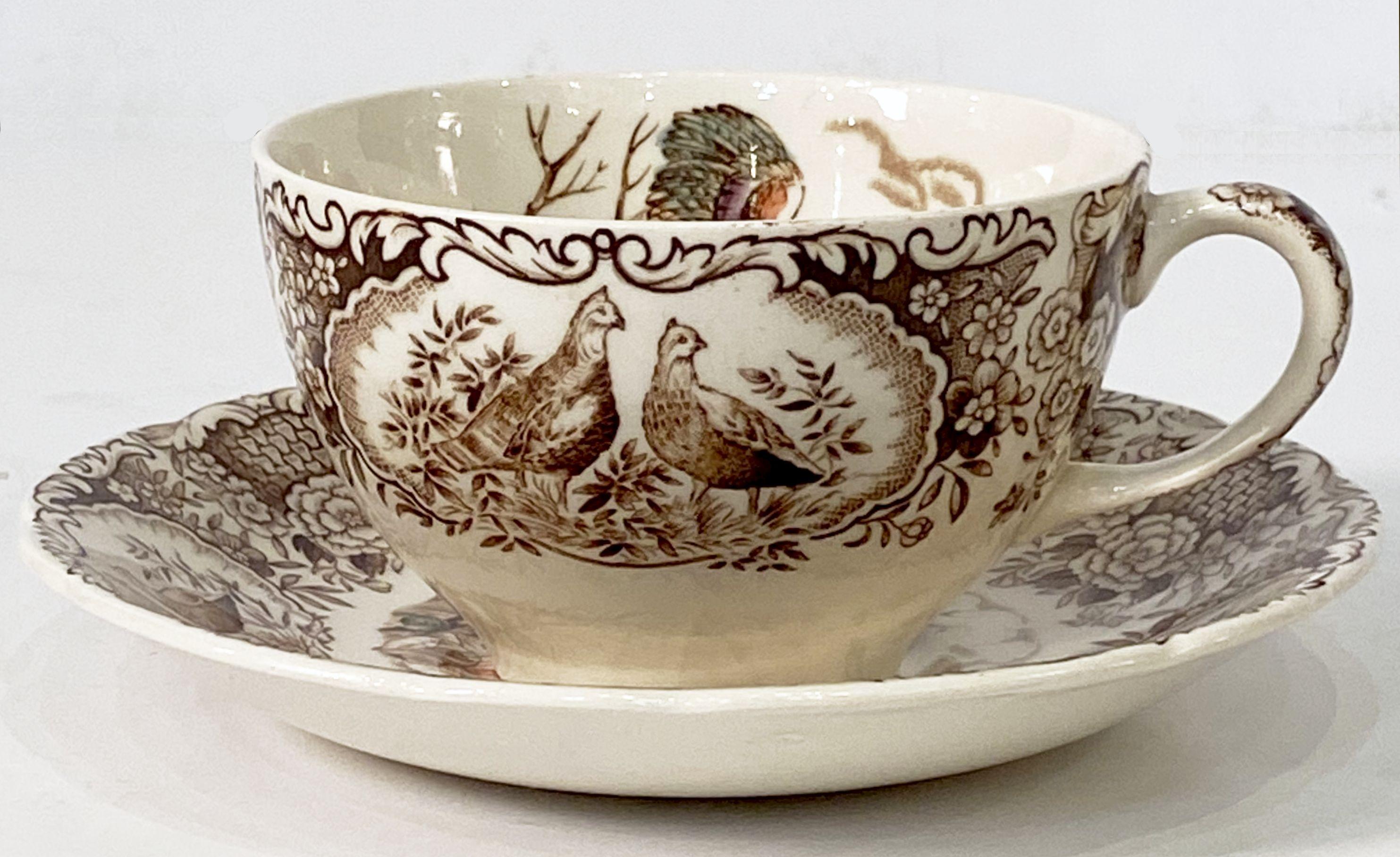 20th Century Six English Turkey Cups and Saucers, Wild Turkey Flying by Johnson Brothers For Sale