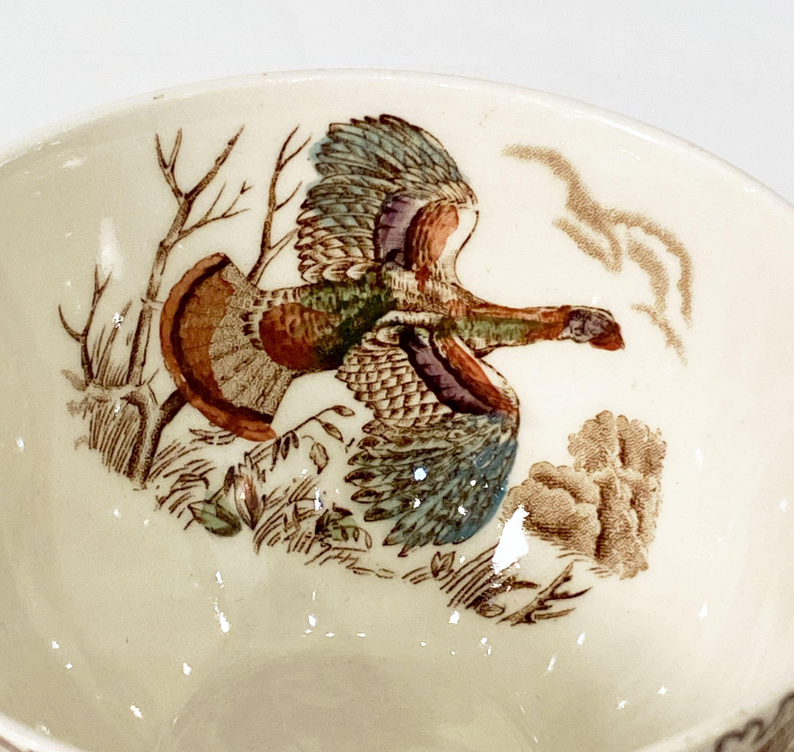 Earthenware Six English Turkey Cups and Saucers, Wild Turkey Flying by Johnson Brothers For Sale