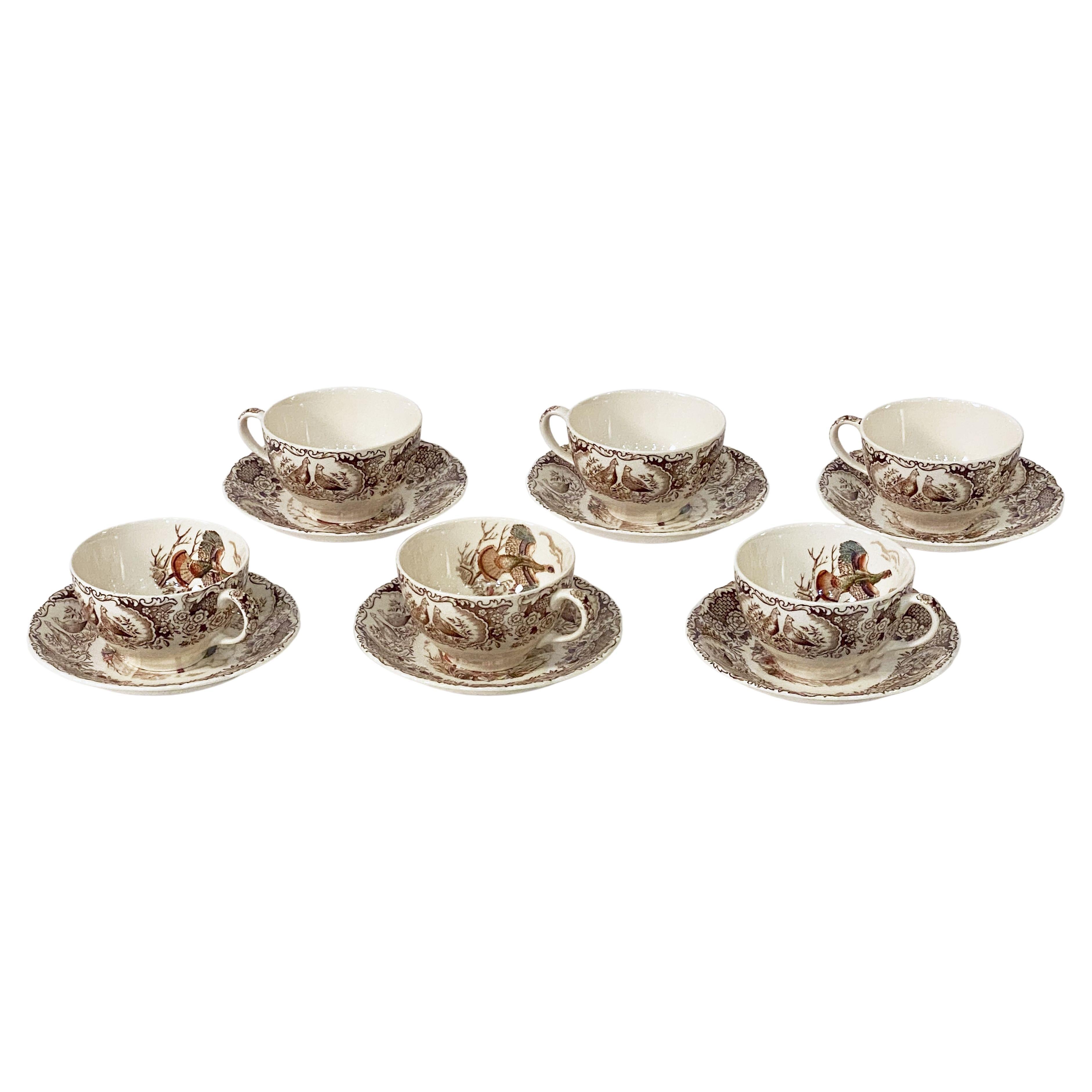Six English Turkey Cups and Saucers, Wild Turkey Flying by Johnson Brothers For Sale