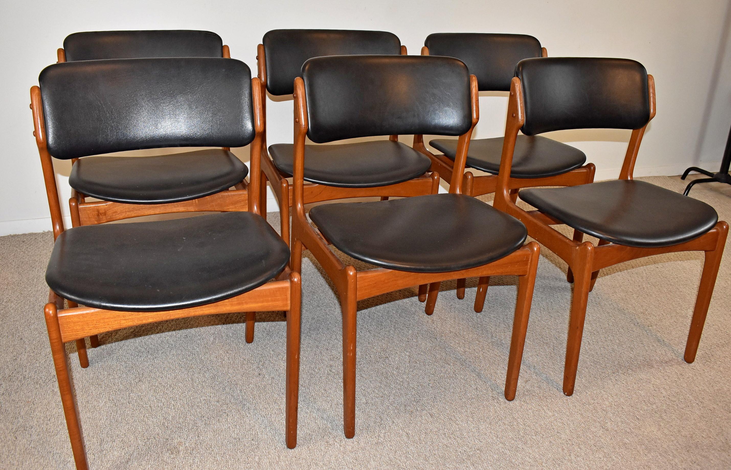 Erik Buch, Model #49, Teak Dining Chairs. Erik Buck/Erick Buch (Danish, b.1923-1982). Set of 6 Dining Chairs. Teak, black leather. Circa 1960's. Model #49. Designed for Oddense Maskingsnedkeri. Floating seat design on teak frames with black leather