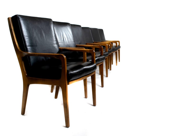 Mid-Century Modern Six Eugen Schmidt High-Back Conference Chairs in Leather and Wood For Sale