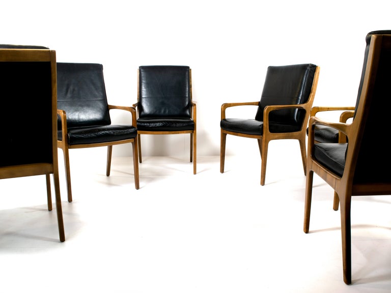 German Six Eugen Schmidt High-Back Conference Chairs in Leather and Wood For Sale