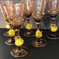 Sechs exquisite Amethyst und Gold infundiert Murano Schwan Wasser Pokale von Salviati