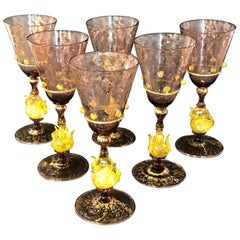 Six Exquisite Amethyst and Gold Infused Murano Swan Water Goblets by Salviati