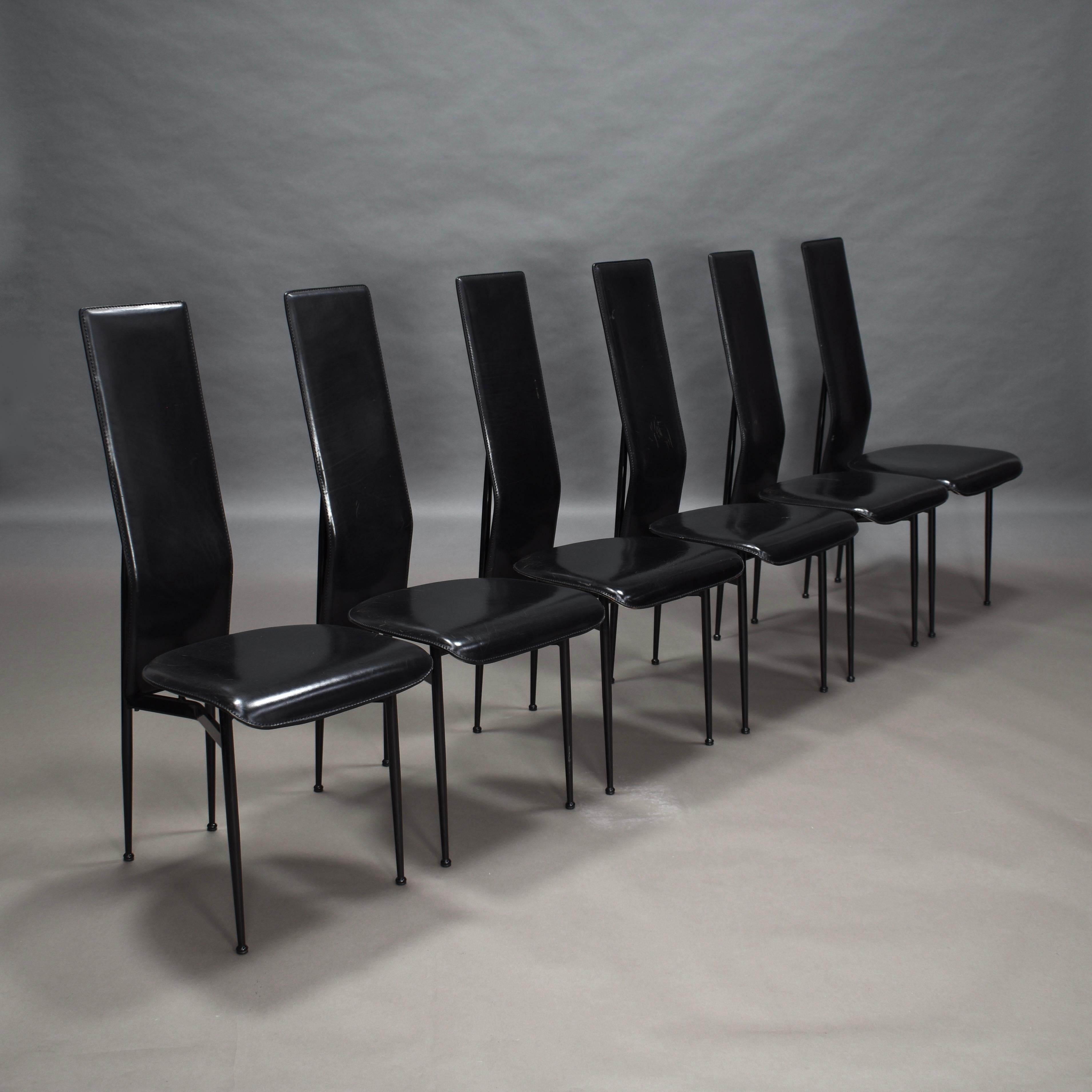 Set of six dining chairs in black leather by Giancarlo Vegni and Gianfranco Gualtierotti for Fasem, Italy, circa 1980.

Designer: Giancarlo Vegni and Gianfranco Gualtierotti

Manufacturer: Fasem

Country: Italy

Model: dining chair

Design