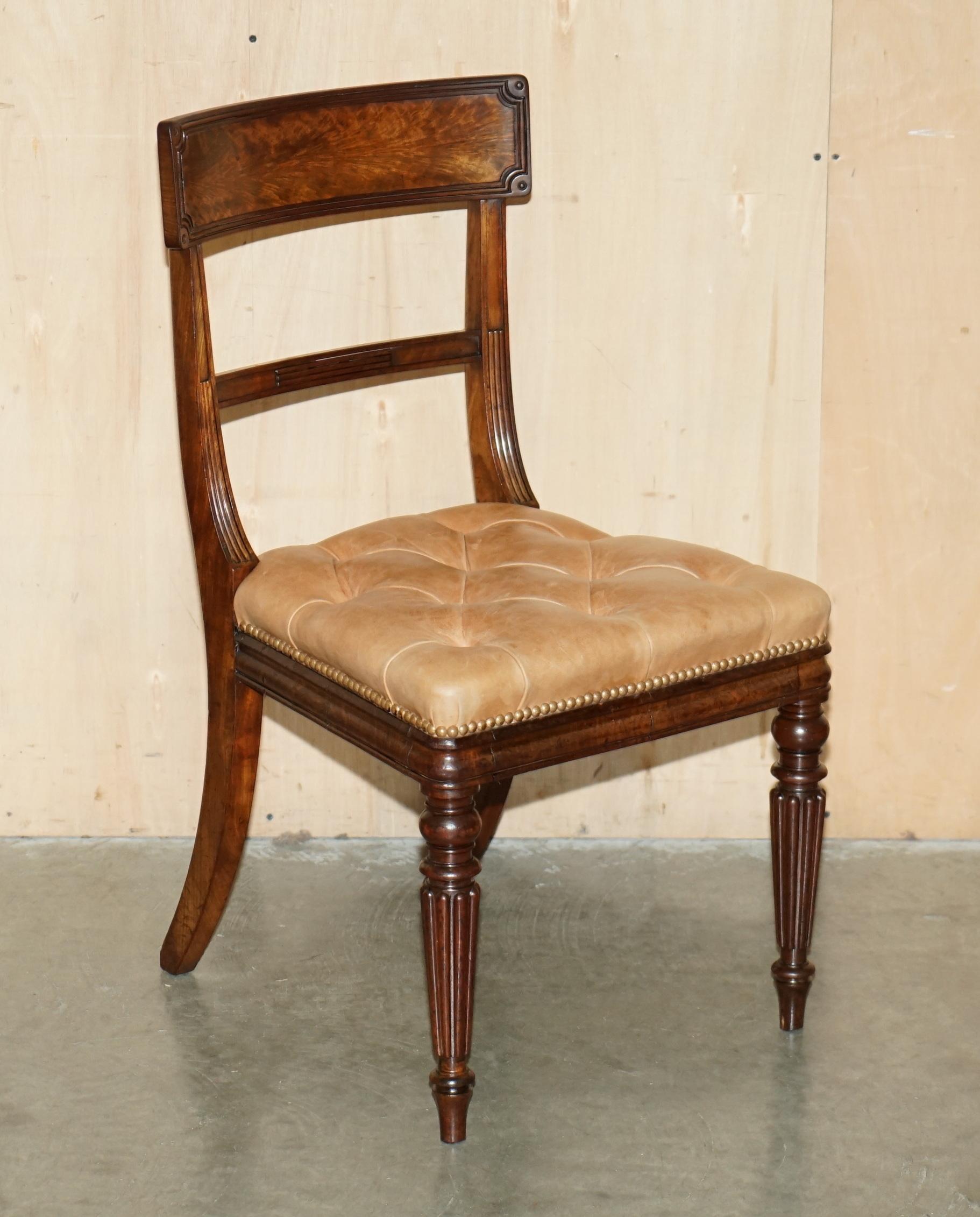 Royal House Antiques

Royal House Antiques is delighted to offer for sale this very rare suite of fully restored Regency Chesterfield tan brown Heritage leather dining chairs with flamed mahogany frames and original horse hair padding

Please note