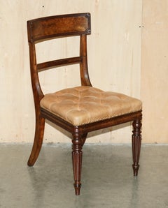 SIX FINE ANTIQUE REGENCY 1820 BROWN LEATHER HARDWOOD CHESTERFIELD DiNING CHAIRS