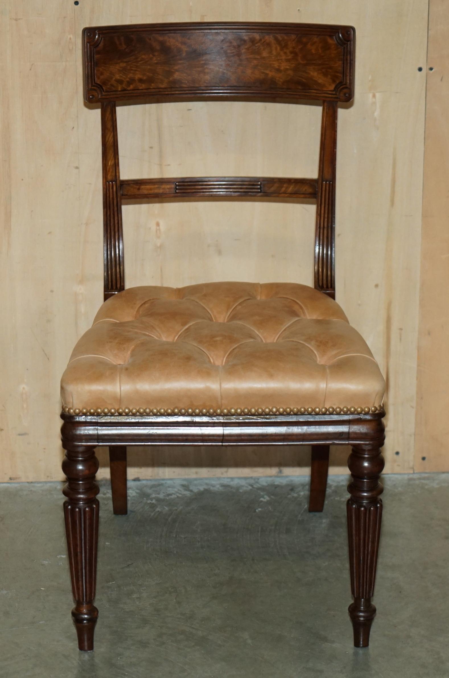 Regency SIX FINE ANTIQUE REGENCY 1820 BROWN LEATHER HARDWOOD CHESTERFIELD DiNING CHAIRS For Sale