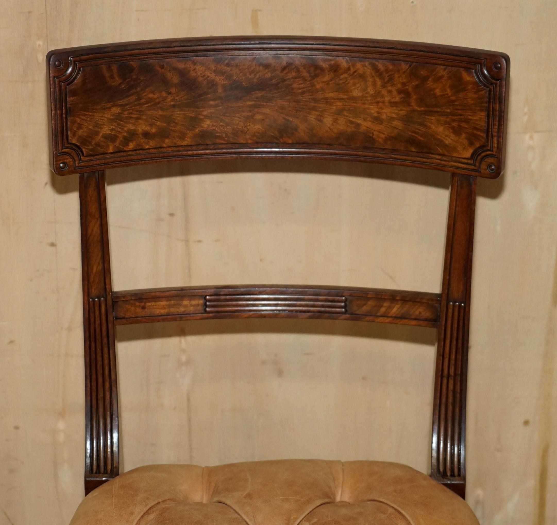 English SIX FINE ANTIQUE REGENCY 1820 BROWN LEATHER HARDWOOD CHESTERFIELD DiNING CHAIRS For Sale