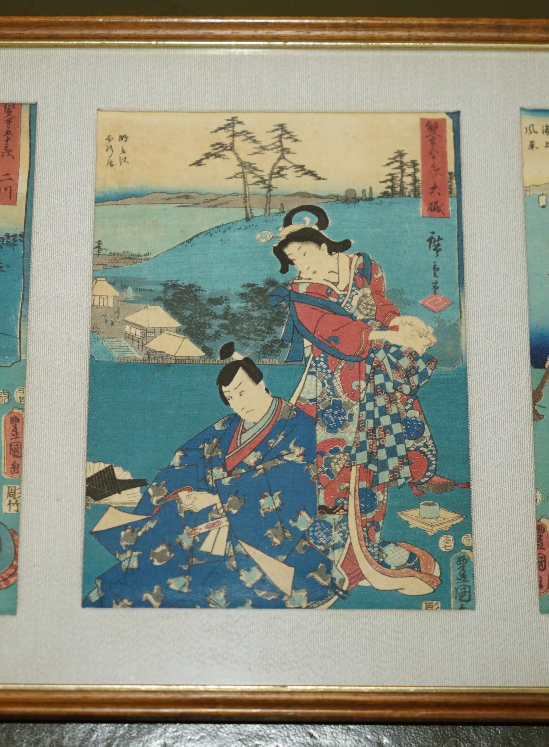 SiX FINE JAPANESE SILK BLOCK PRINT PICTURES AFTER UTAGAWA HIROSHIGE 1779-1858 For Sale 5