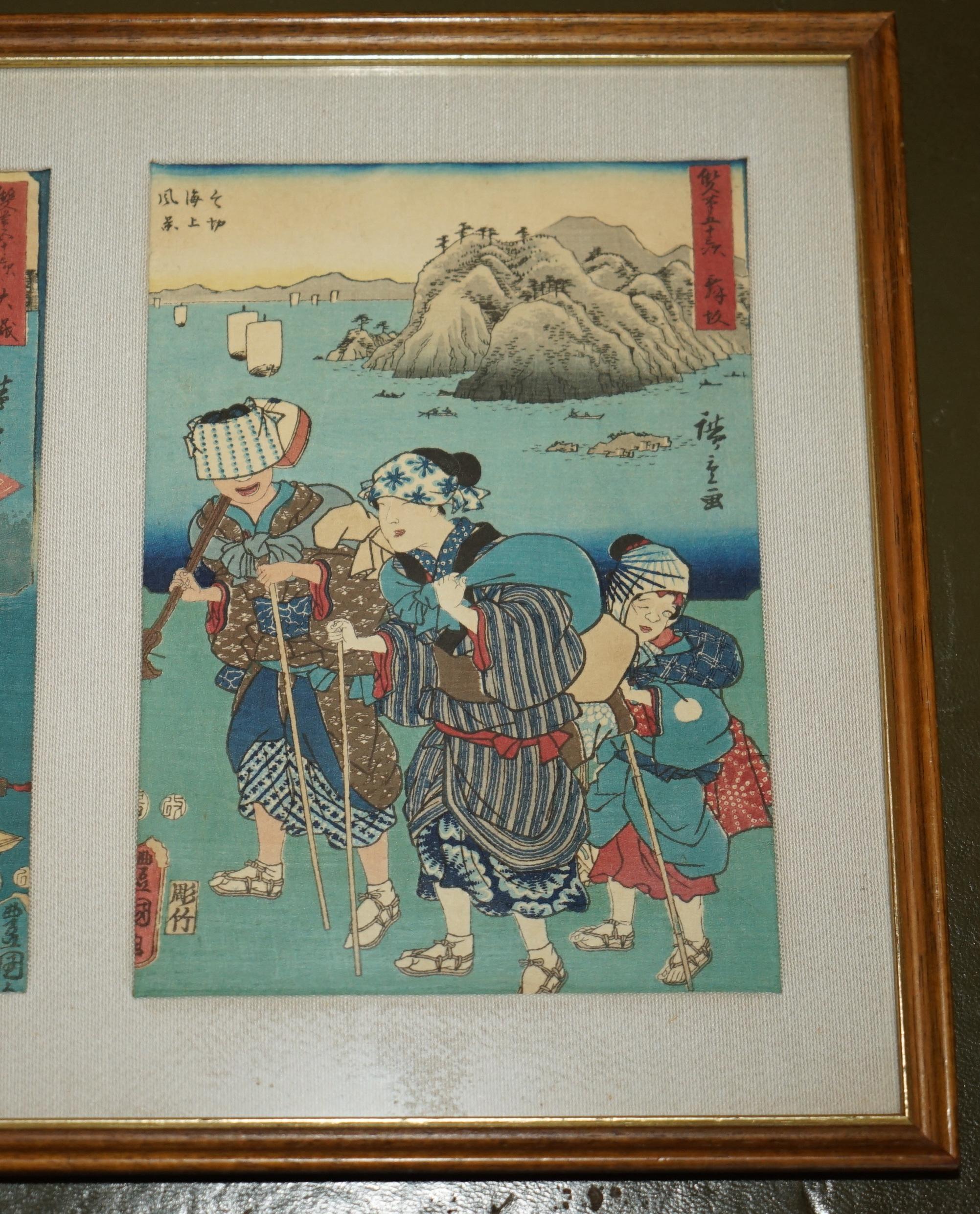 SiX FINE JAPANESE SILK BLOCK PRINT PICTURES AFTER UTAGAWA HIROSHIGE 1779-1858 For Sale 6
