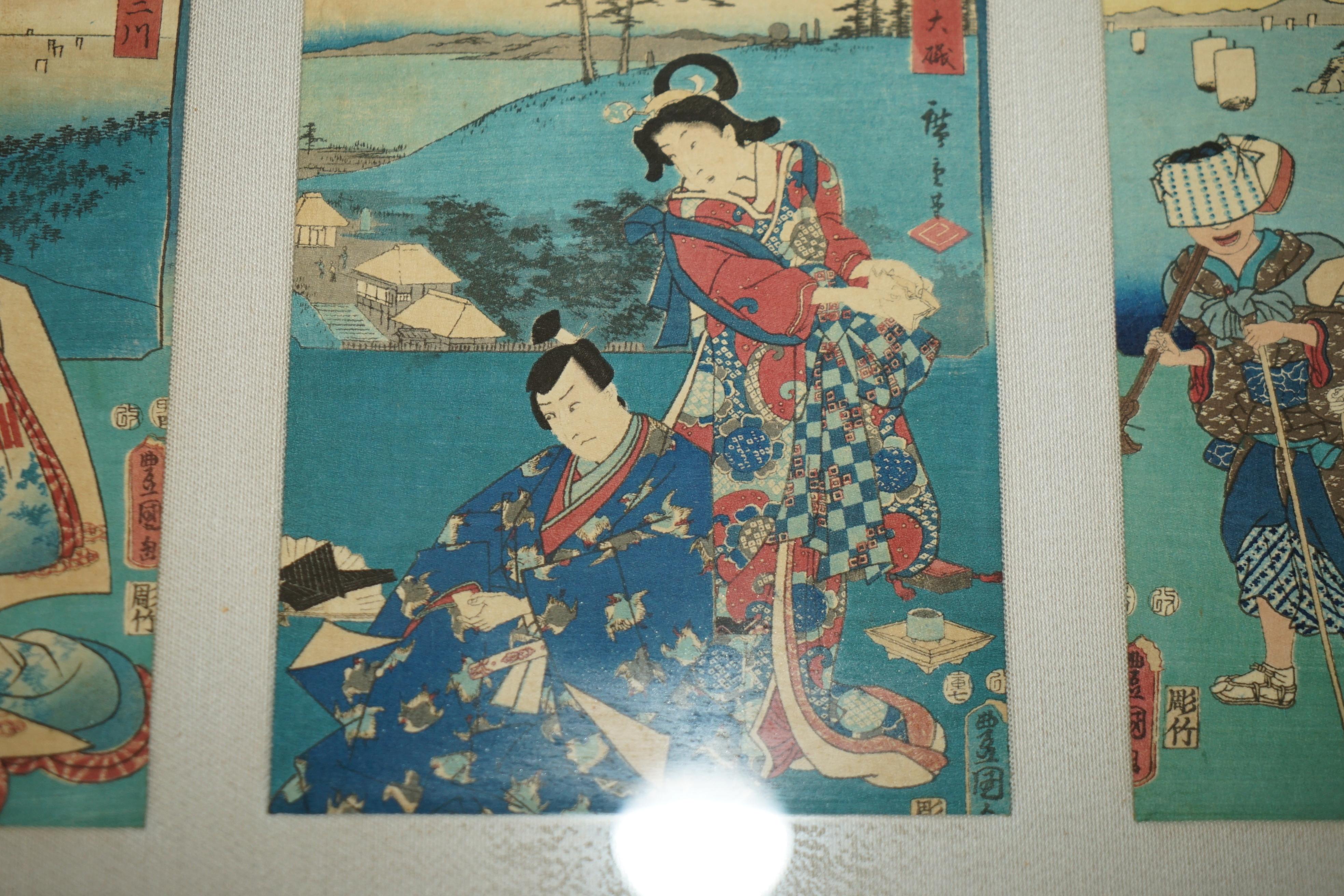SiX FINE JAPANESE SILK BLOCK PRINT PICTURES AFTER UTAGAWA HIROSHIGE 1779-1858 For Sale 8