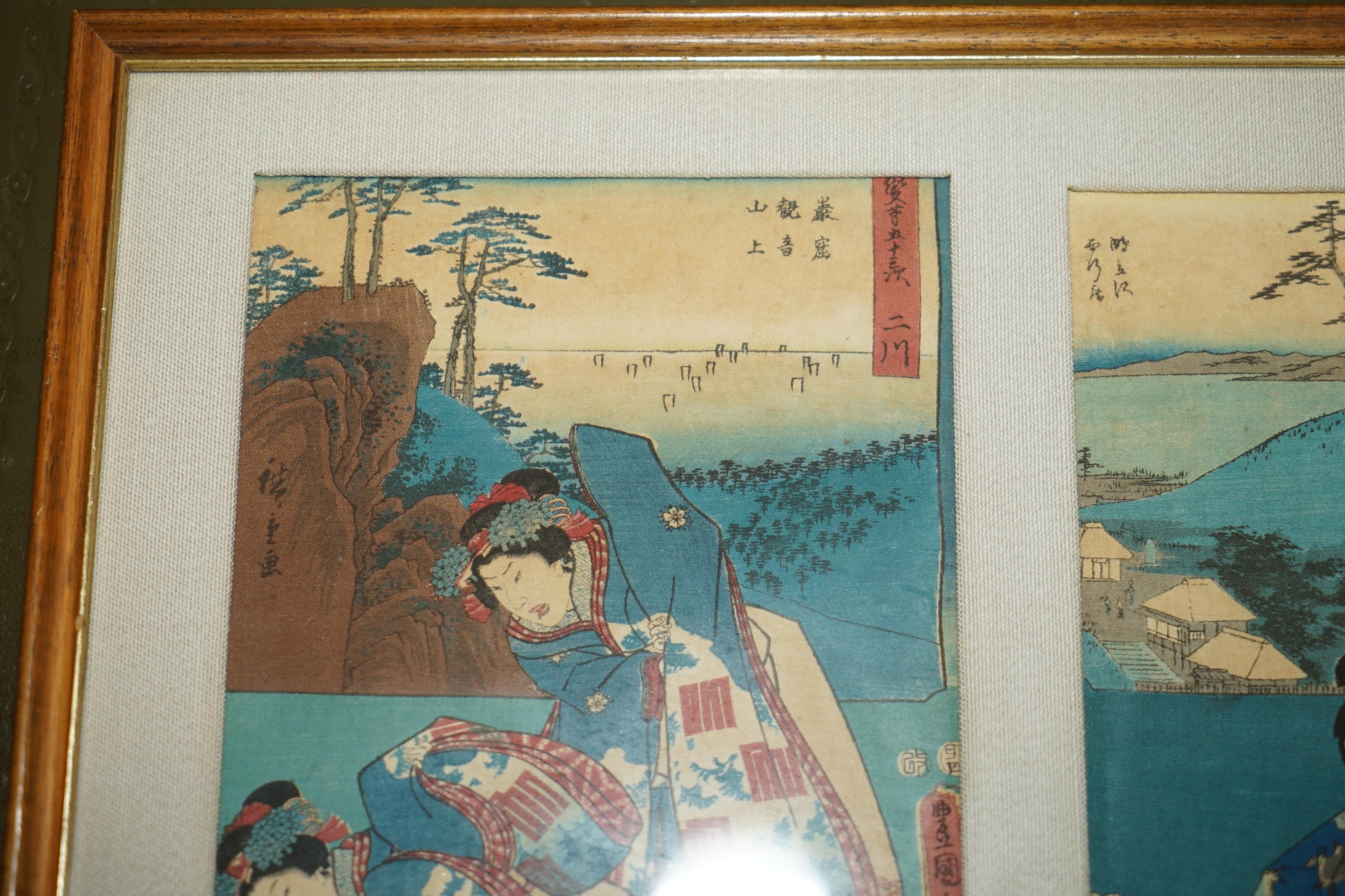 SiX FINE JAPANESE SILK BLOCK PRINT PICTURES AFTER UTAGAWA HIROSHIGE 1779-1858 For Sale 9
